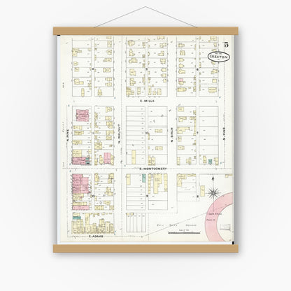 Old map wall art mockup — magnetic wood frame on white wall — Sanborn Fire Insurance Map from Creston, Union County, Iowa (1891), Sheet #0005
