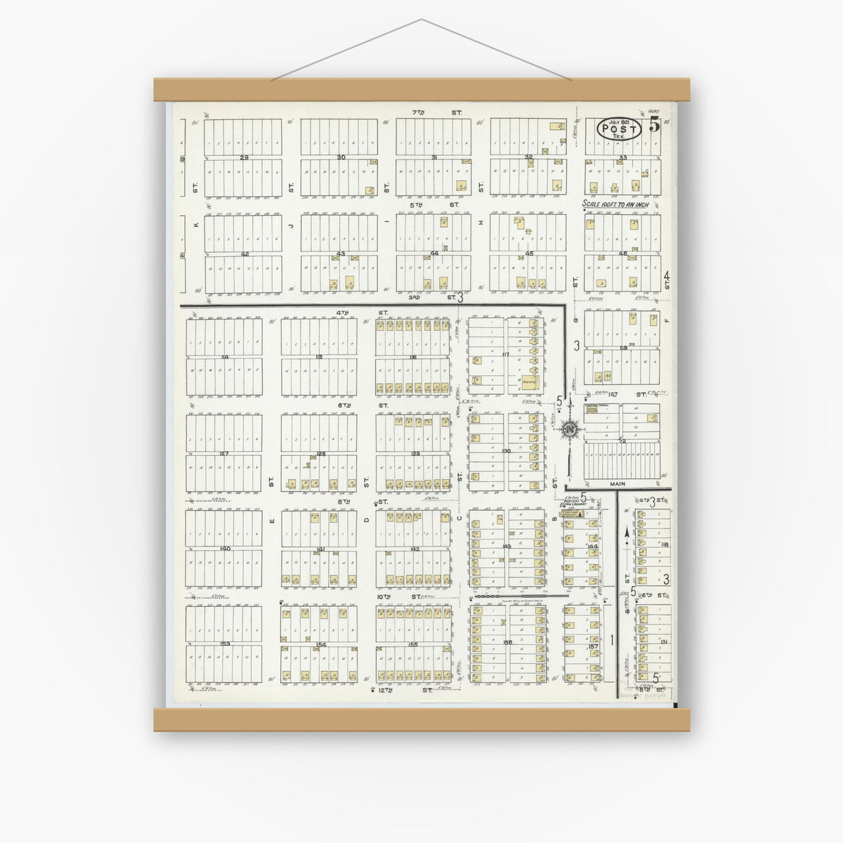 Old map wall art mockup — magnetic wood frame on white wall — Sanborn Fire Insurance Map from Post, Garza County, Texas (1921), Sheet #0005
