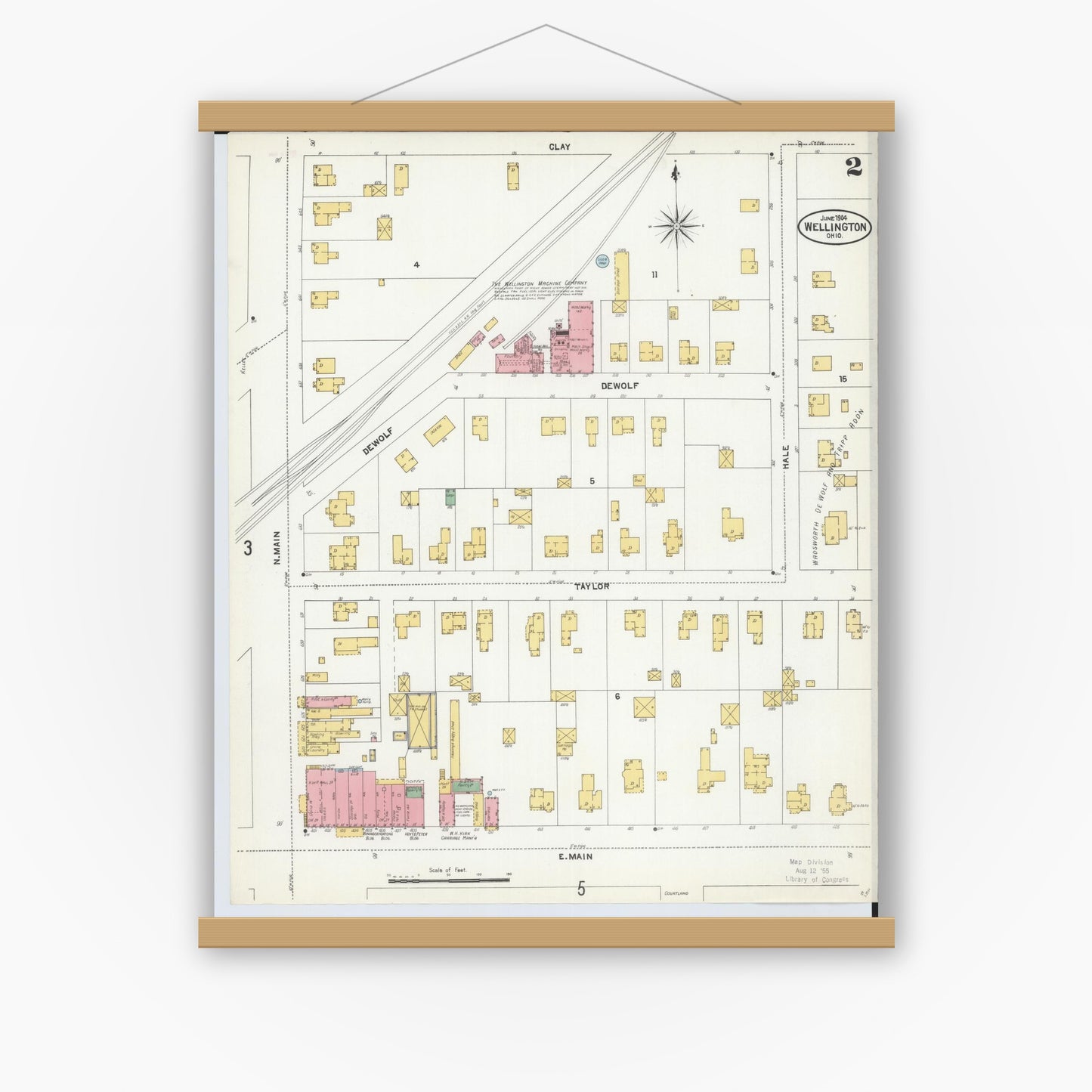 Old map wall art mockup — magnetic wood frame on white wall — Sanborn Fire Insurance Map from Wellington, Lorain County, Ohio (1904), Sheet #0002