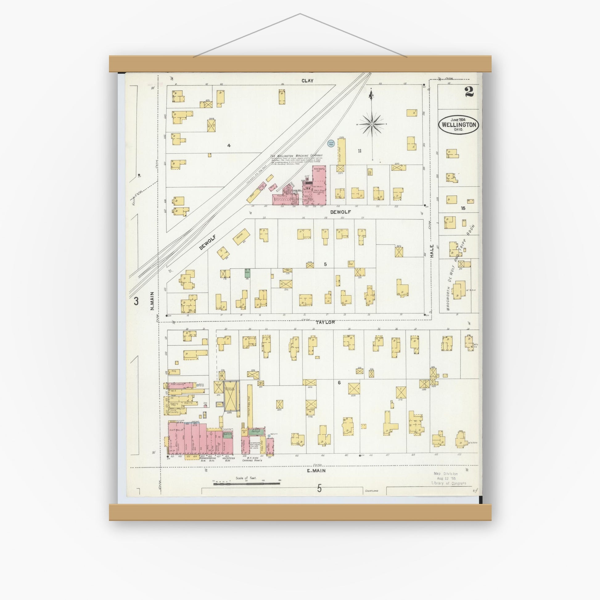 Old map wall art mockup — magnetic wood frame on white wall — Sanborn Fire Insurance Map from Wellington, Lorain County, Ohio (1904), Sheet #0002
