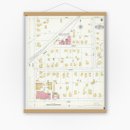 Old map wall art mockup — magnetic wood frame on white wall — Sanborn Fire Insurance Map from Wellington, Lorain County, Ohio (1904), Sheet #0002