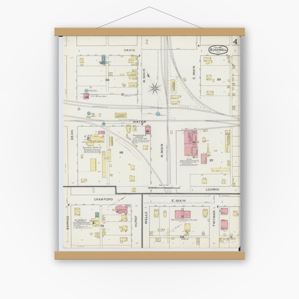 Old map wall art mockup — magnetic wood frame on white wall — Sanborn Fire Insurance Map from Bushnell, Mcdonough County, Illinois (1893), Sheet #0004
