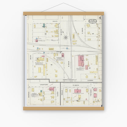 Old map wall art mockup — magnetic wood frame on white wall — Sanborn Fire Insurance Map from Bushnell, Mcdonough County, Illinois (1893), Sheet #0004