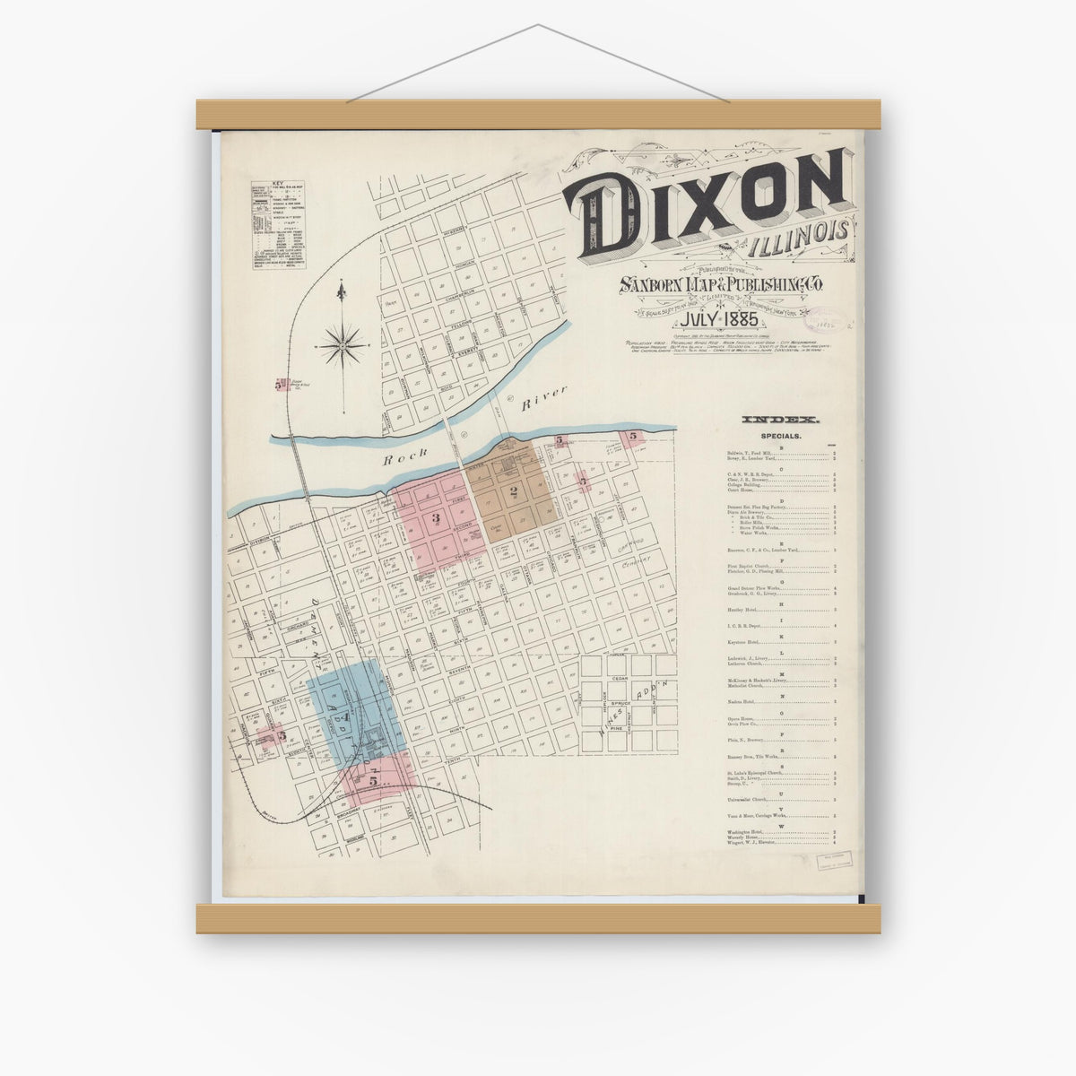Old map wall art mockup — magnetic wood frame on white wall — Sanborn Fire Insurance Map from Dixon, Lee County, Illinois (1885) - Complete Map Set