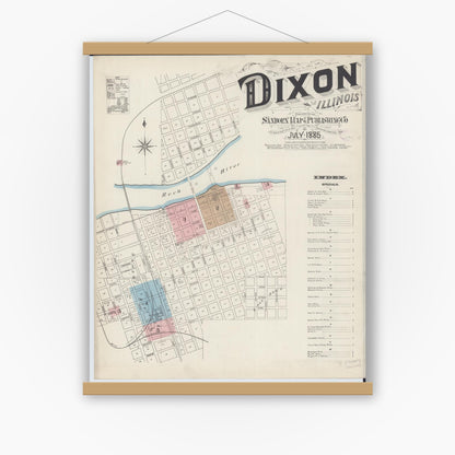 Old map wall art mockup — magnetic wood frame on white wall — Sanborn Fire Insurance Map from Dixon, Lee County, Illinois (1885) - Complete Map Set