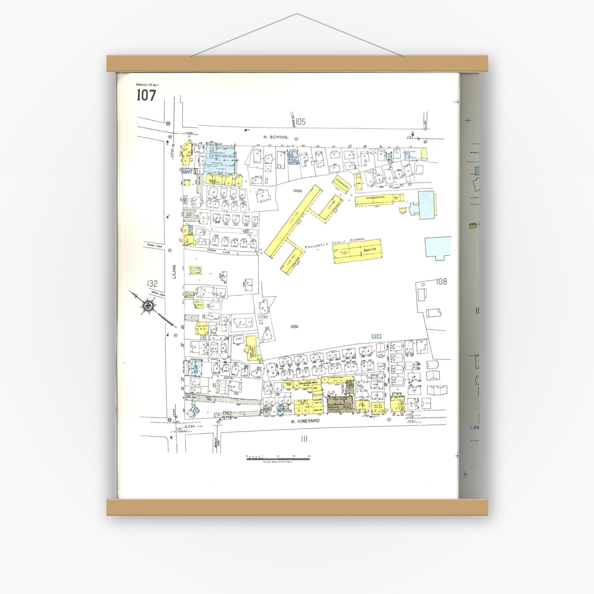 Old map wall art mockup — magnetic wood frame on white wall — Sanborn Fire Insurance Map from Honolulu, Oahu County, Hawaii (1955), Sheet #0107