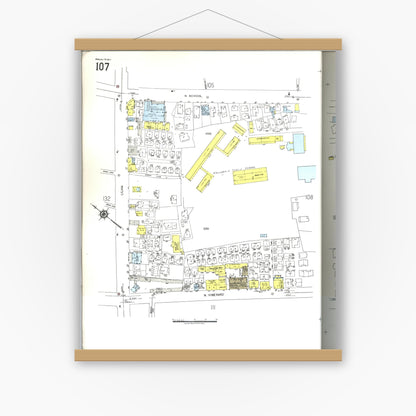Old map wall art mockup — magnetic wood frame on white wall — Sanborn Fire Insurance Map from Honolulu, Oahu County, Hawaii (1955), Sheet #0107