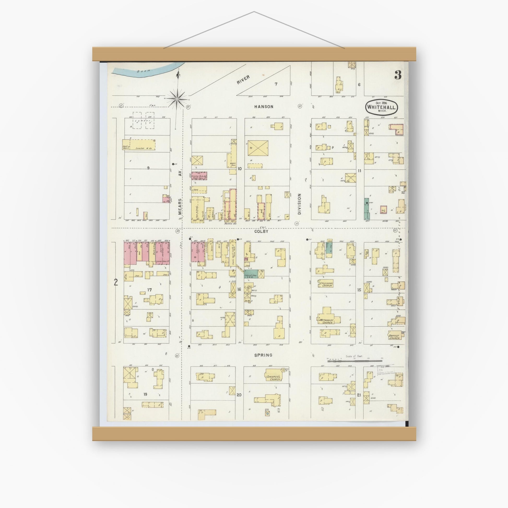 Old map wall art mockup — magnetic wood frame on white wall — Sanborn Fire Insurance Map from Whitehall, Muskegon County, Michigan (1896), Sheet #0003