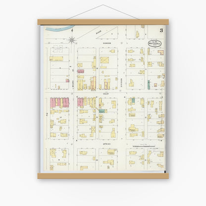 Old map wall art mockup — magnetic wood frame on white wall — Sanborn Fire Insurance Map from Whitehall, Muskegon County, Michigan (1896), Sheet #0003