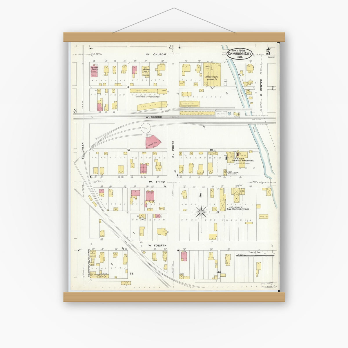 Old map wall art mockup — magnetic wood frame on white wall — Sanborn Fire Insurance Map from Cambridge City, Wayne County, Indiana (1908), Sheet #0005