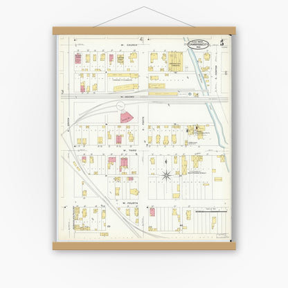 Old map wall art mockup — magnetic wood frame on white wall — Sanborn Fire Insurance Map from Cambridge City, Wayne County, Indiana (1908), Sheet #0005