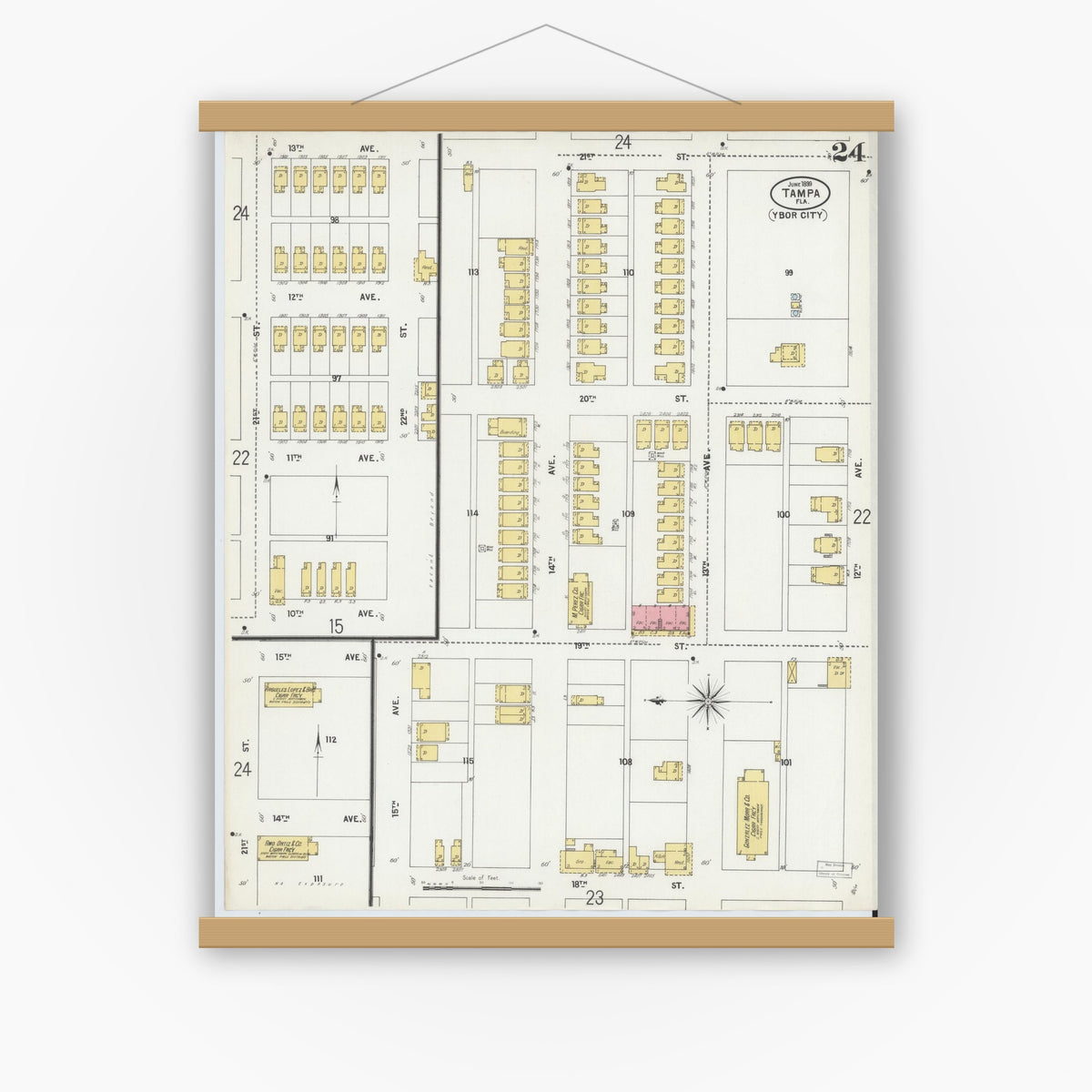 Old map wall art mockup — magnetic wood frame on white wall — Sanborn Fire Insurance Map from Tampa, Hillsborough County, Florida (1899), Sheet #0024