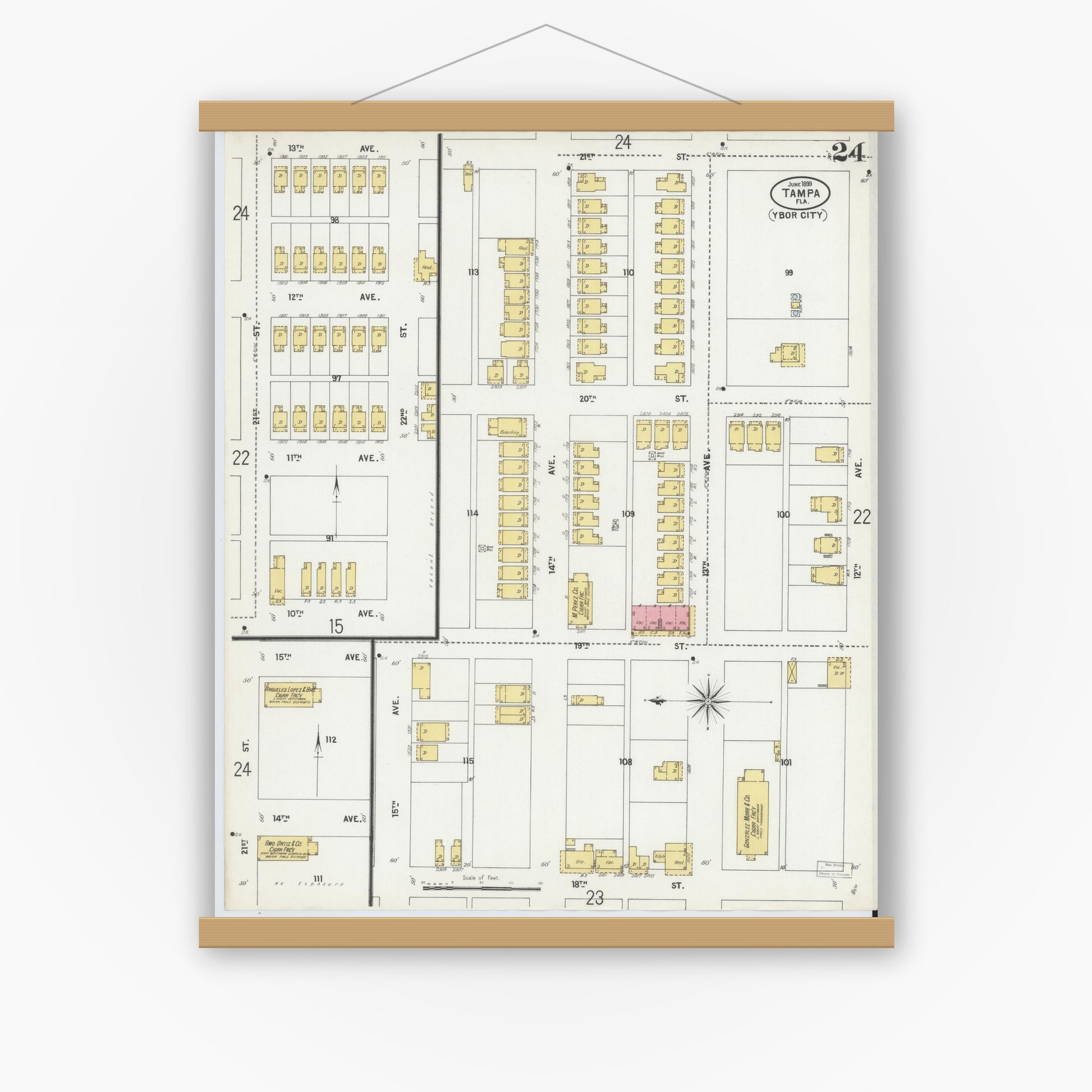Old map wall art mockup — magnetic wood frame on white wall — Sanborn Fire Insurance Map from Tampa, Hillsborough County, Florida (1899), Sheet #0024
