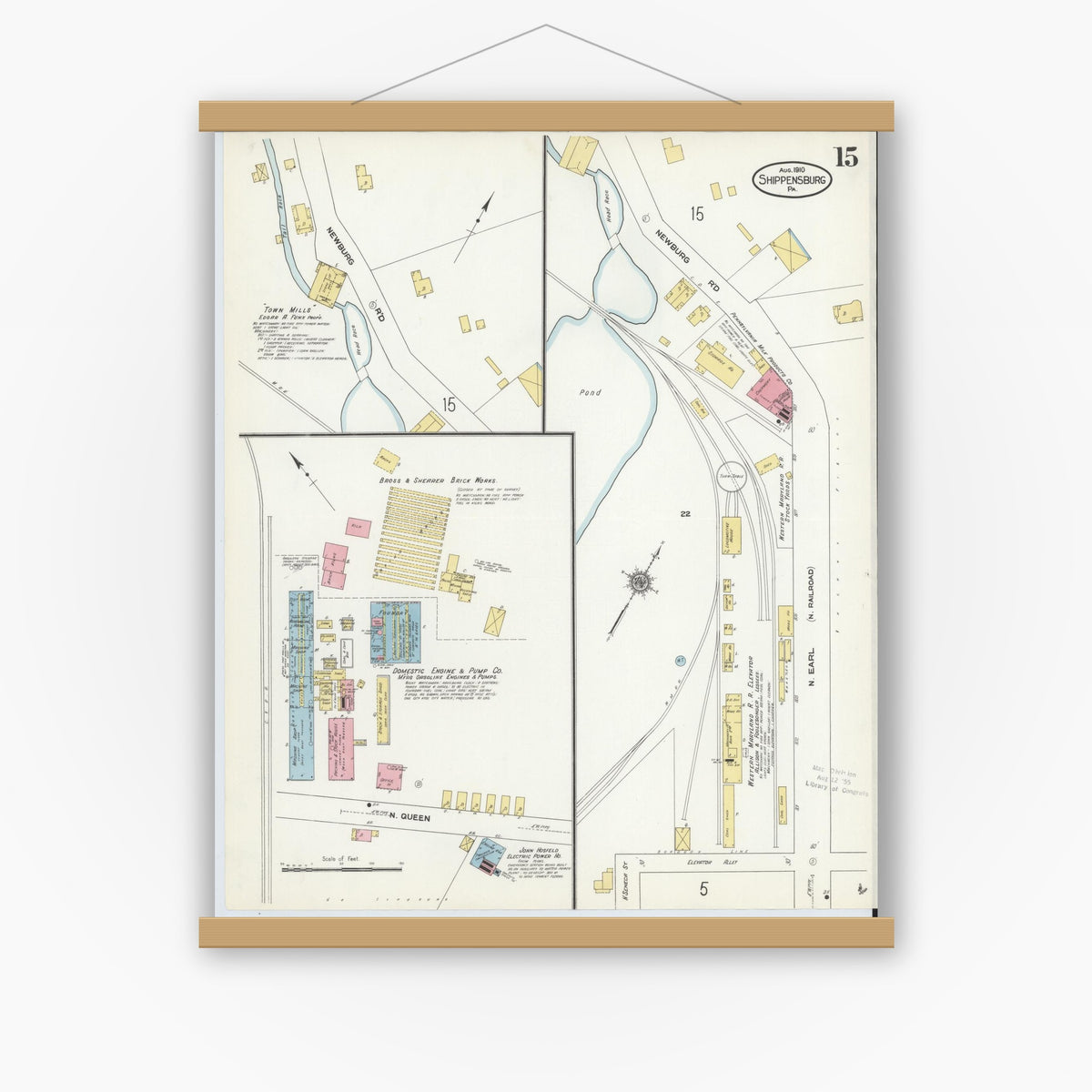 Old map wall art mockup — magnetic wood frame on white wall — Sanborn Fire Insurance Map from Shippensburg, Cumberland And Franklin Counties, Pennsylvania (1910), Sheet #0015