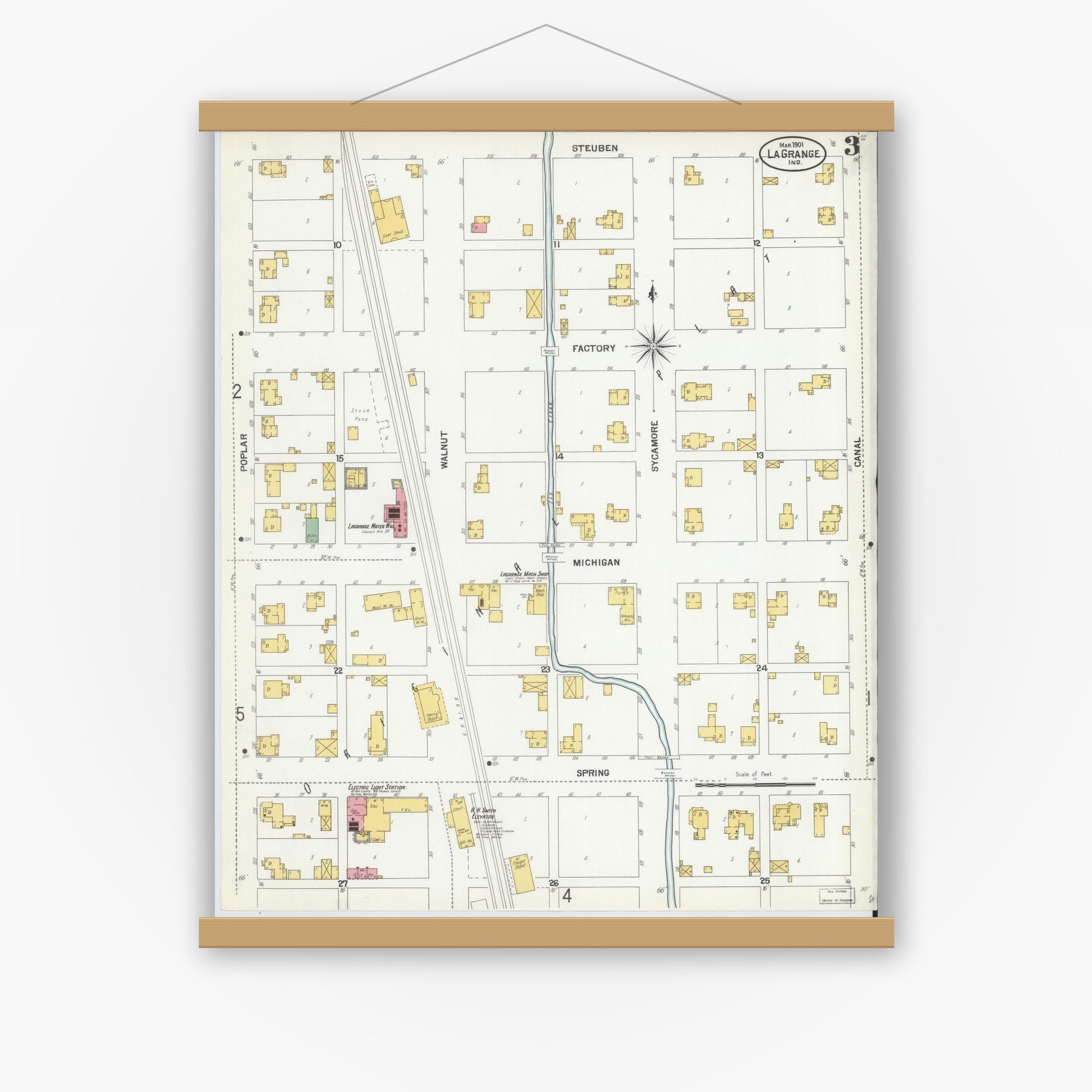 Old map wall art mockup — magnetic wood frame on white wall — Sanborn Fire Insurance Map from Lagrange, LaGrange County, Indiana (1901), Sheet #0003