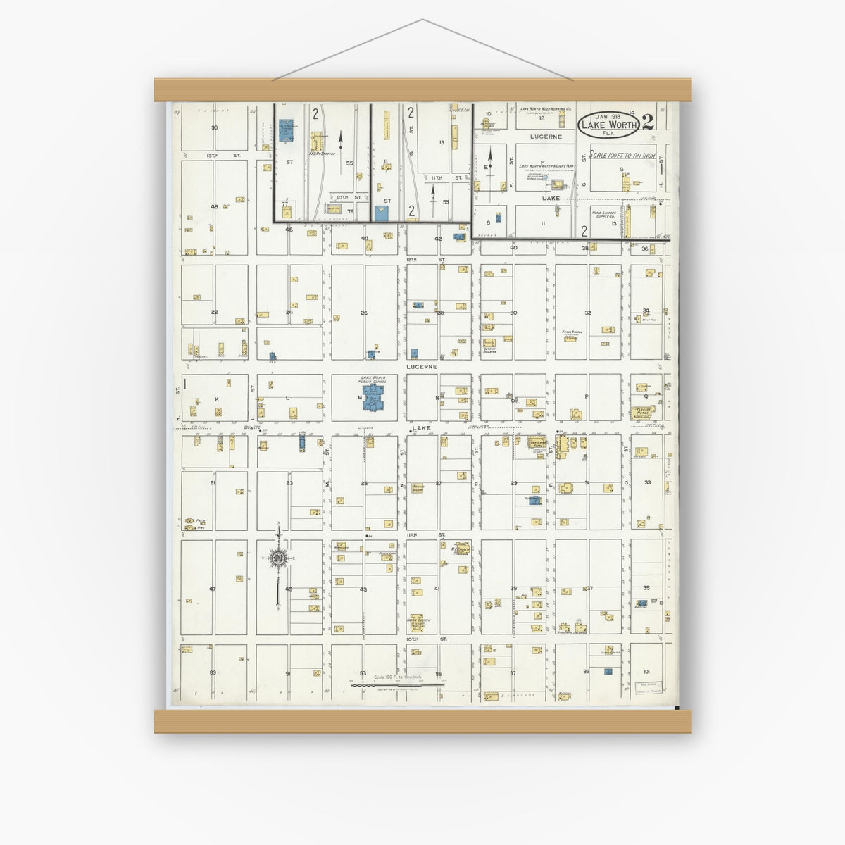 Old map wall art mockup — magnetic wood frame on white wall — Sanborn Fire Insurance Map from Lake Worth, Palm Beach County, Florida (1918), Sheet #0002