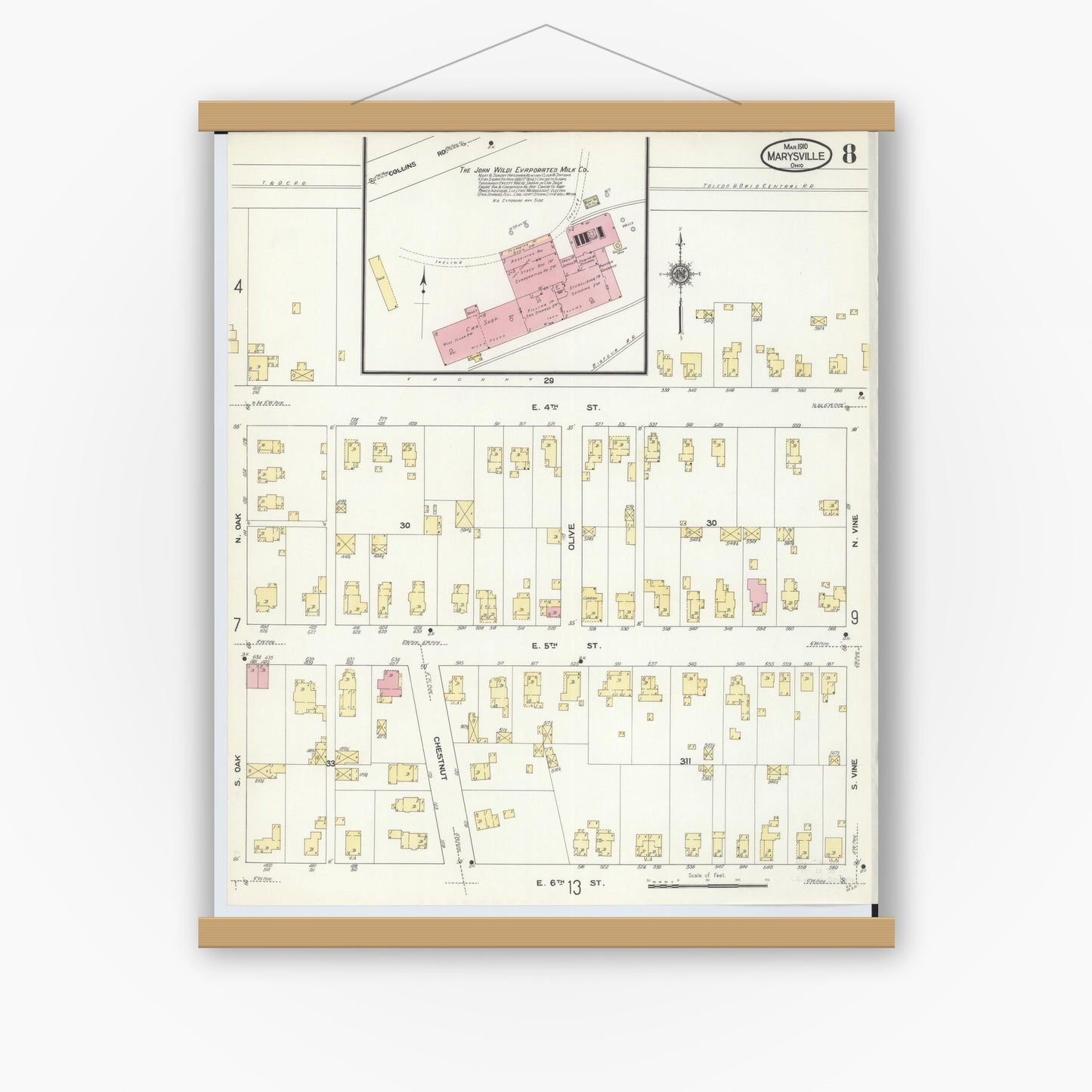 Old map wall art mockup — magnetic wood frame on white wall — Sanborn Fire Insurance Map from Marysville, Union County, Ohio (1910), Sheet #0008