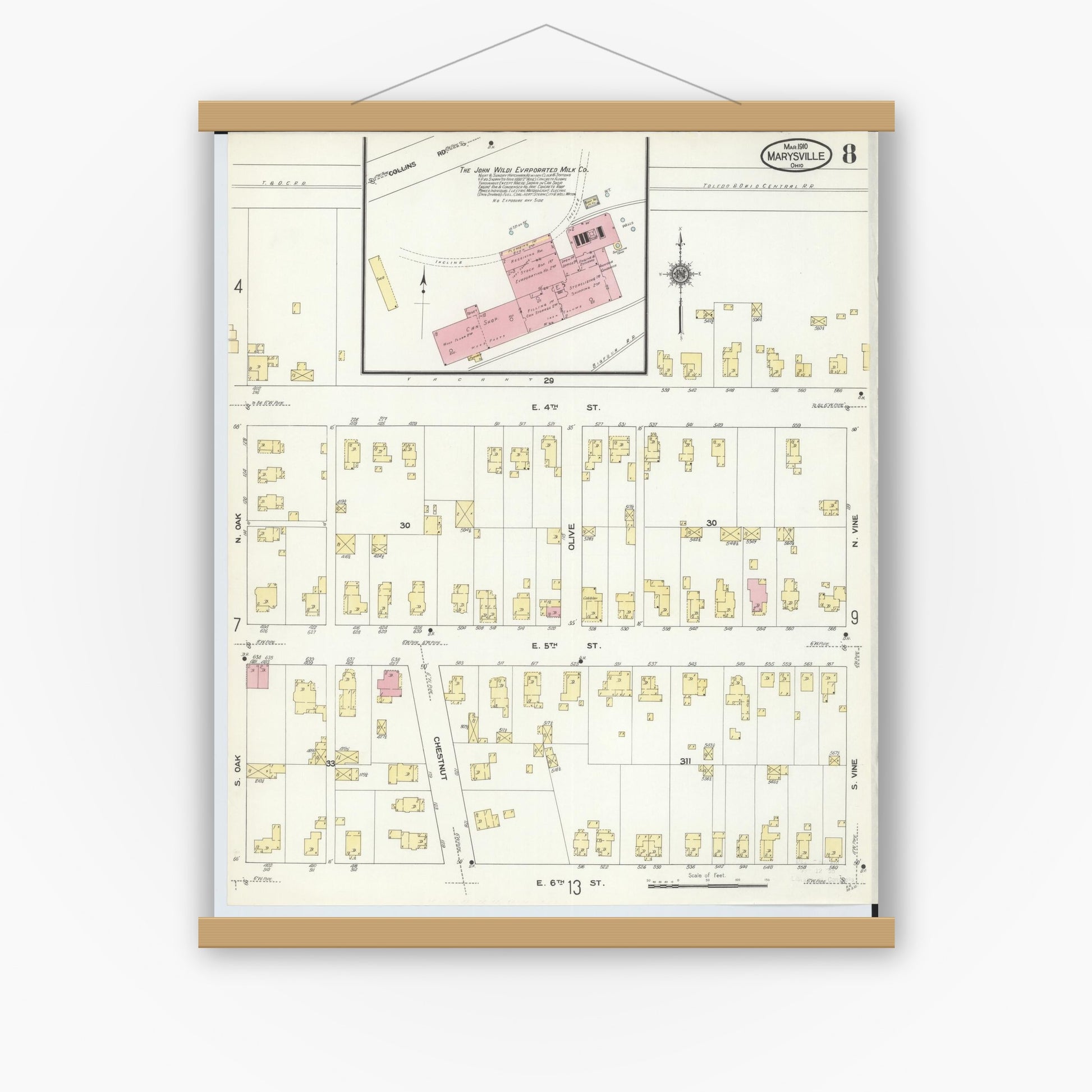 Old map wall art mockup — magnetic wood frame on white wall — Sanborn Fire Insurance Map from Marysville, Union County, Ohio (1910), Sheet #0008