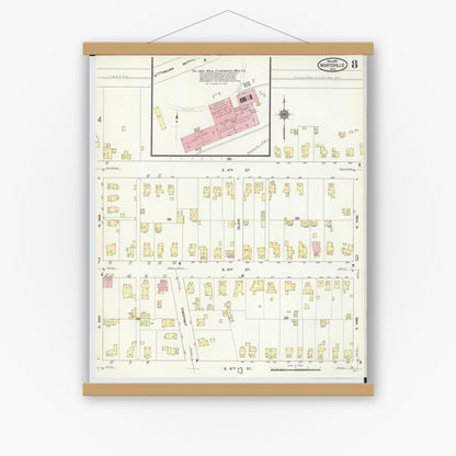 Old map wall art mockup — magnetic wood frame on white wall — Sanborn Fire Insurance Map from Marysville, Union County, Ohio (1910), Sheet #0008