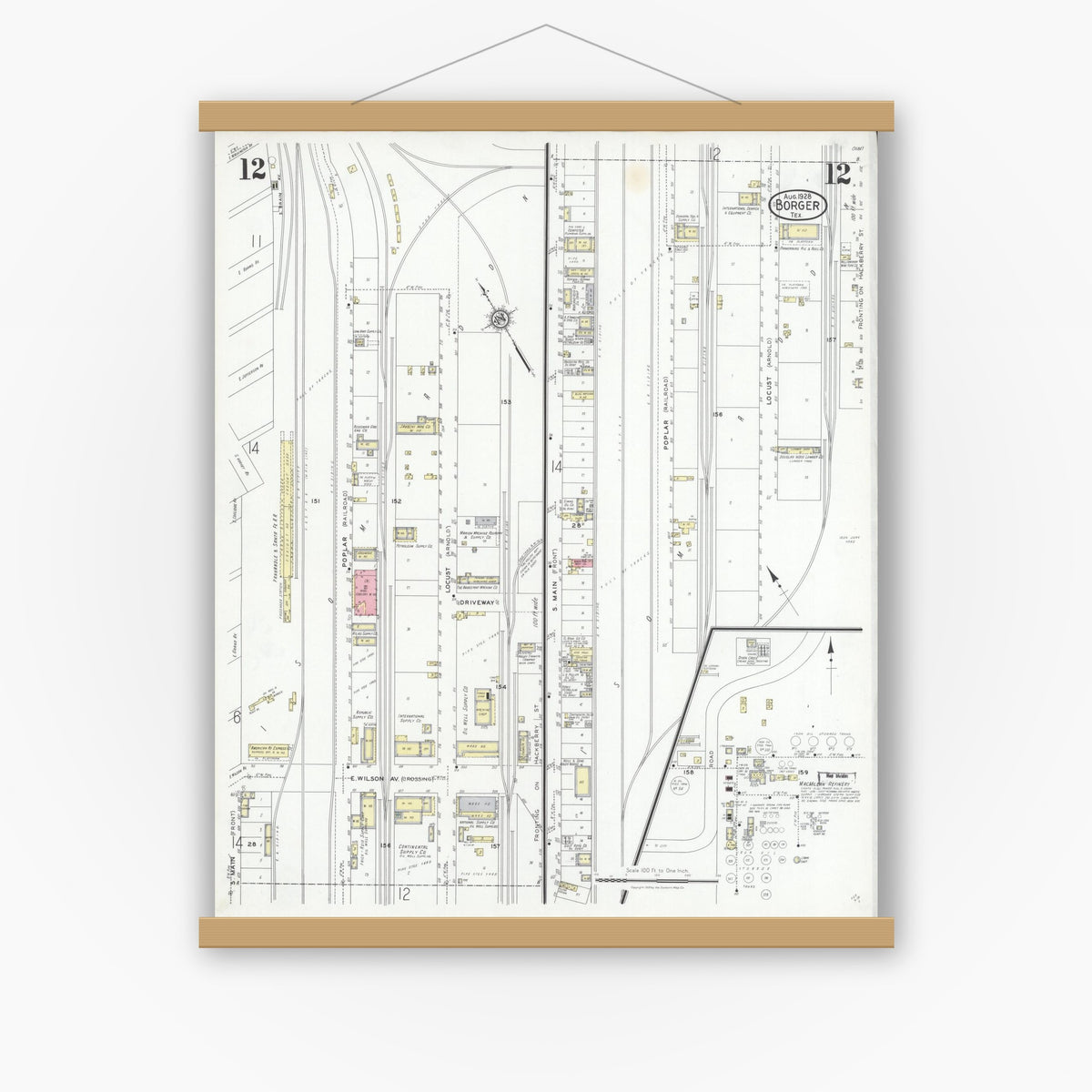 Old map wall art mockup — magnetic wood frame on white wall — Sanborn Fire Insurance Map from Borger, Hutchinson County, Texas (1928), Sheet #0012