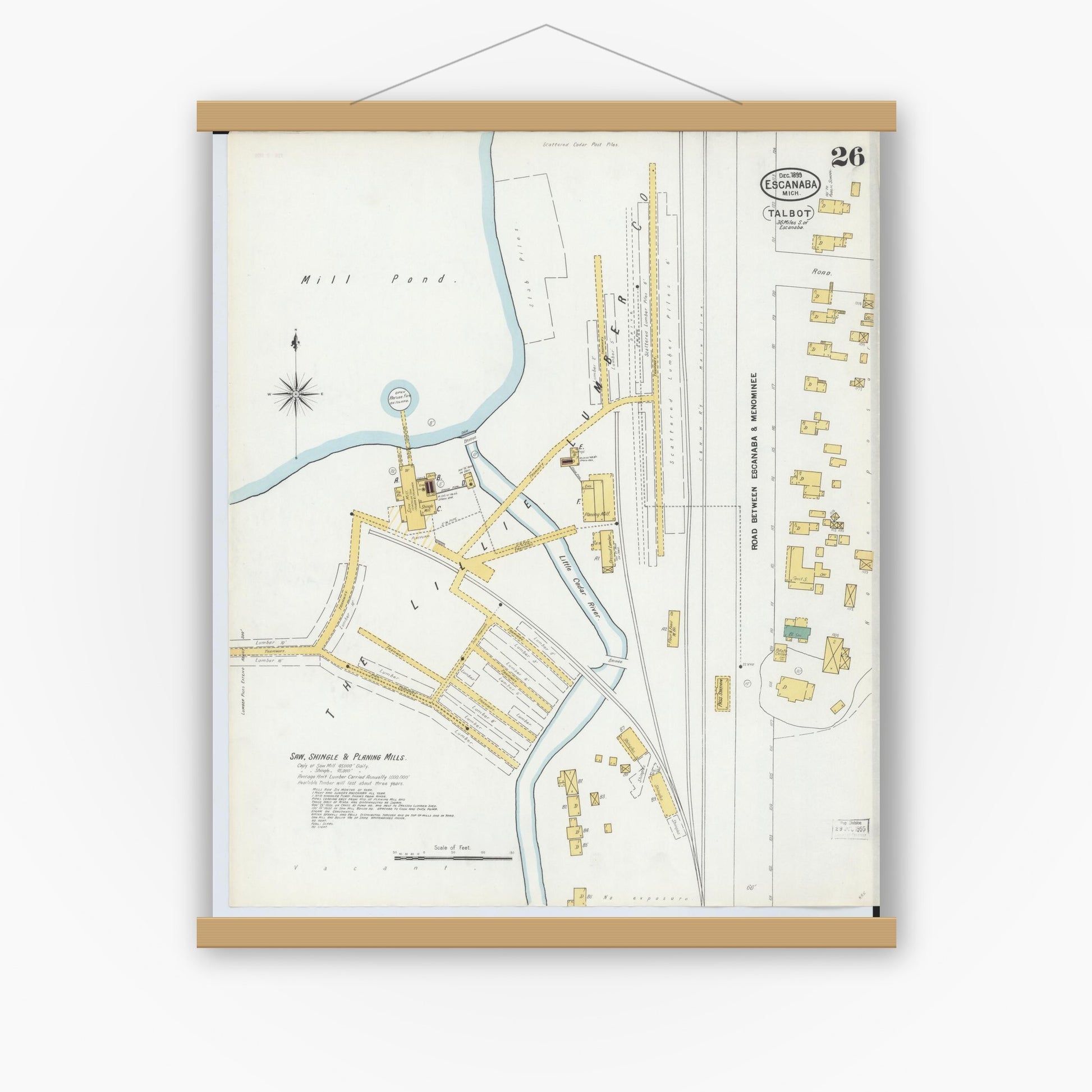 Old map wall art mockup — magnetic wood frame on white wall — Sanborn Fire Insurance Map from Escanaba, Delta County, Michigan (1899), Sheet #0026