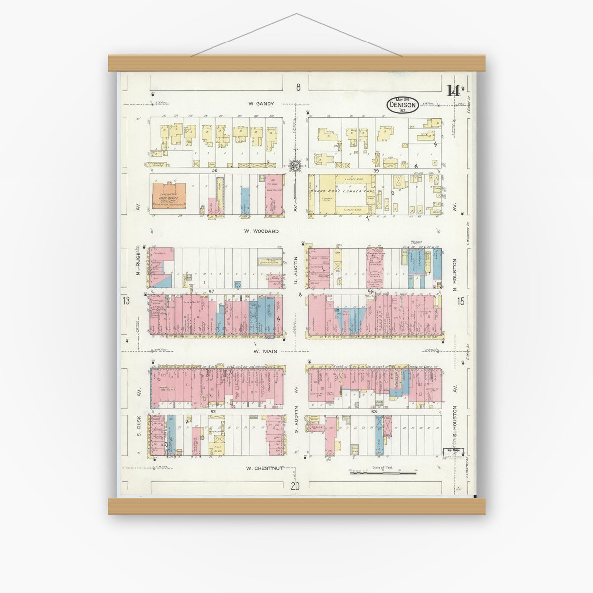 Old map wall art mockup — magnetic wood frame on white wall — Sanborn Fire Insurance Map from Denison, Grayson County, Texas (1914), Sheet #0014