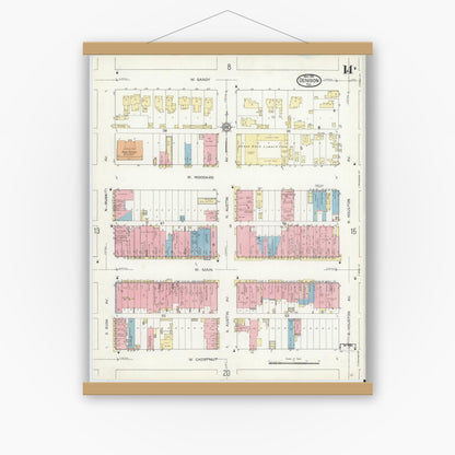 Old map wall art mockup — magnetic wood frame on white wall — Sanborn Fire Insurance Map from Denison, Grayson County, Texas (1914), Sheet #0014