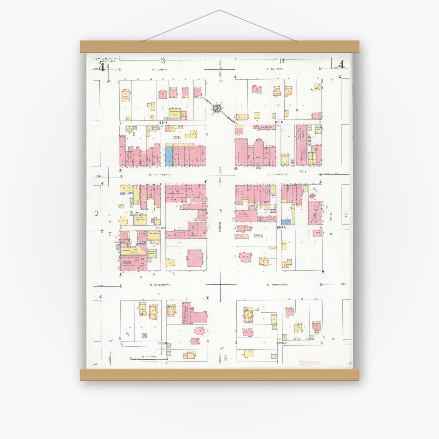 Old map wall art mockup — magnetic wood frame on white wall — Sanborn Fire Insurance Map from New Ulm, Brown County, Minnesota (1935), Sheet #0004