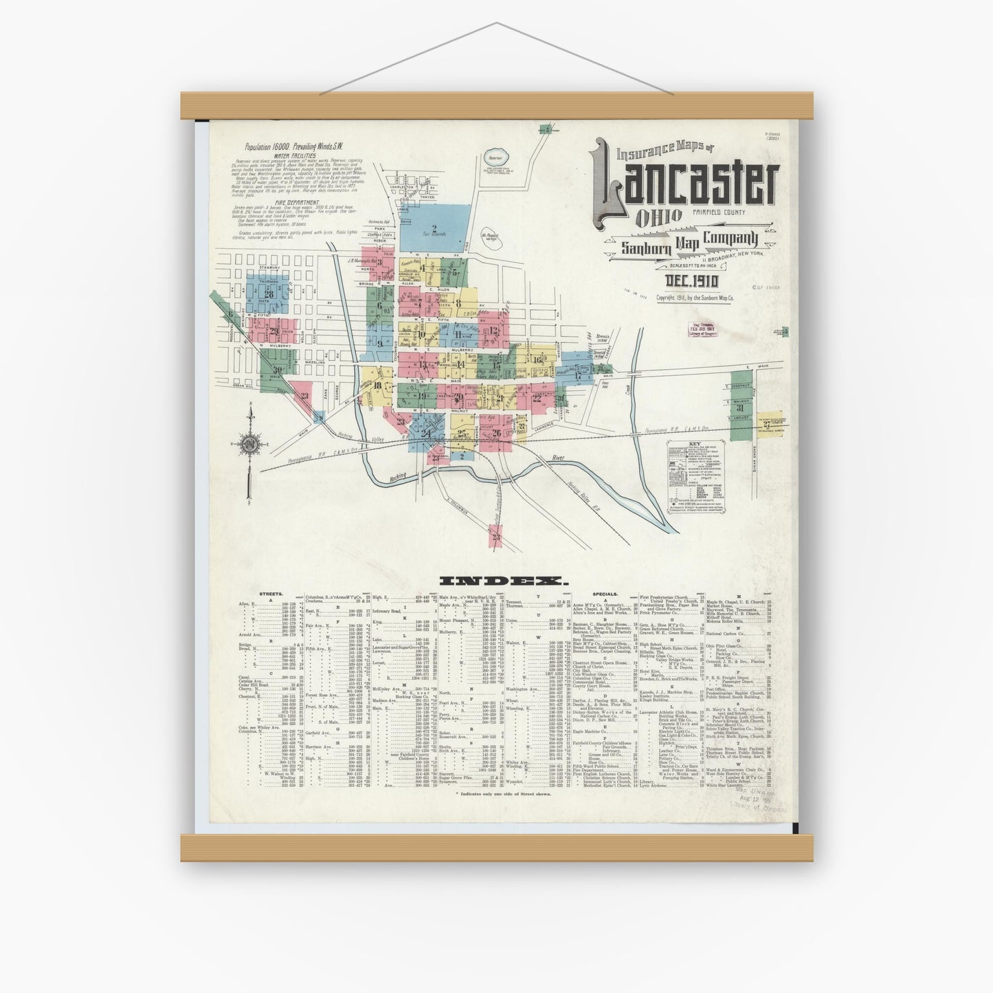 Old map wall art mockup — magnetic wood frame on white wall — Sanborn Fire Insurance Map from Lancaster, Fairfield County, Ohio (1910), Sheet #0001