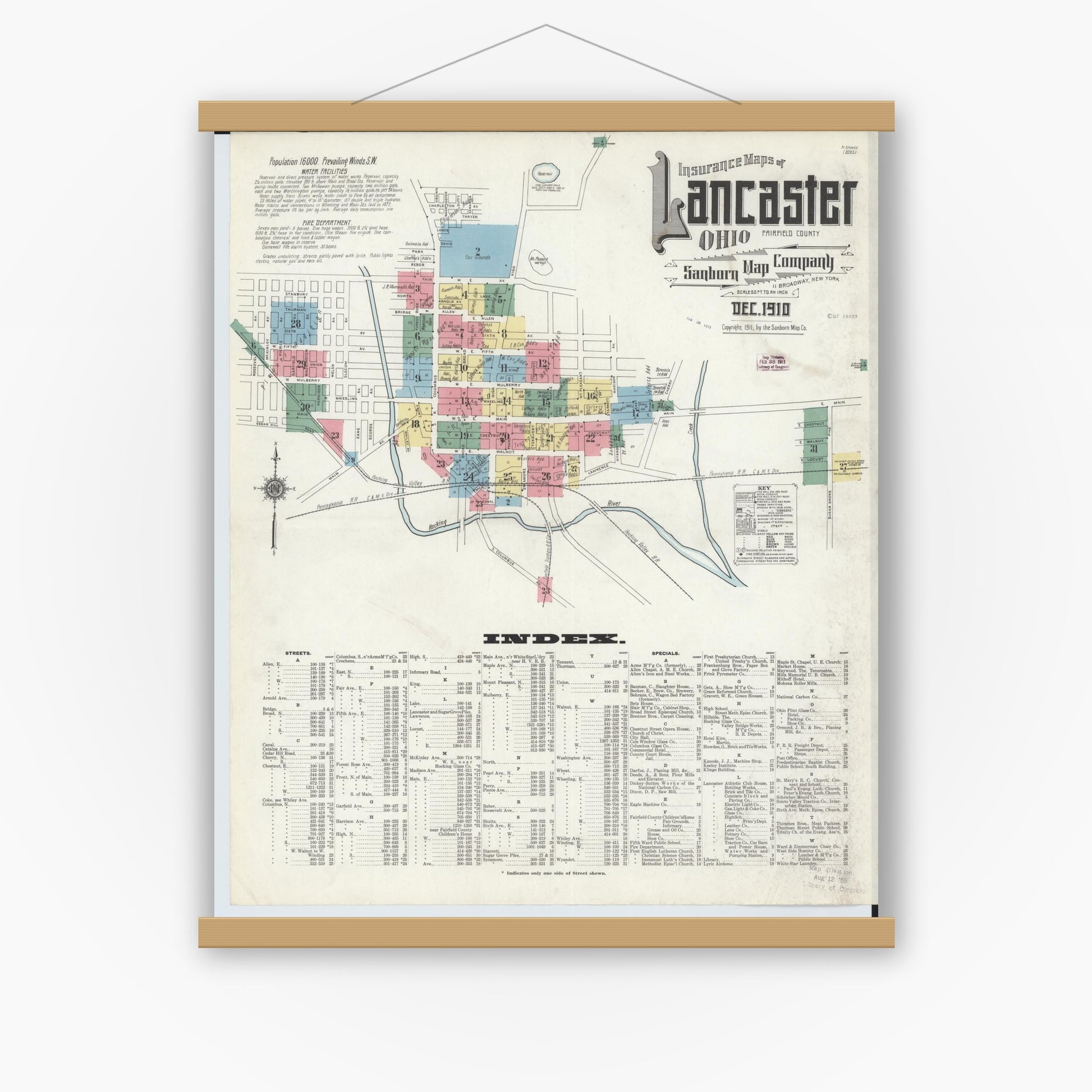 Old map wall art mockup — magnetic wood frame on white wall — Sanborn Fire Insurance Map from Lancaster, Fairfield County, Ohio (1910), Sheet #0001