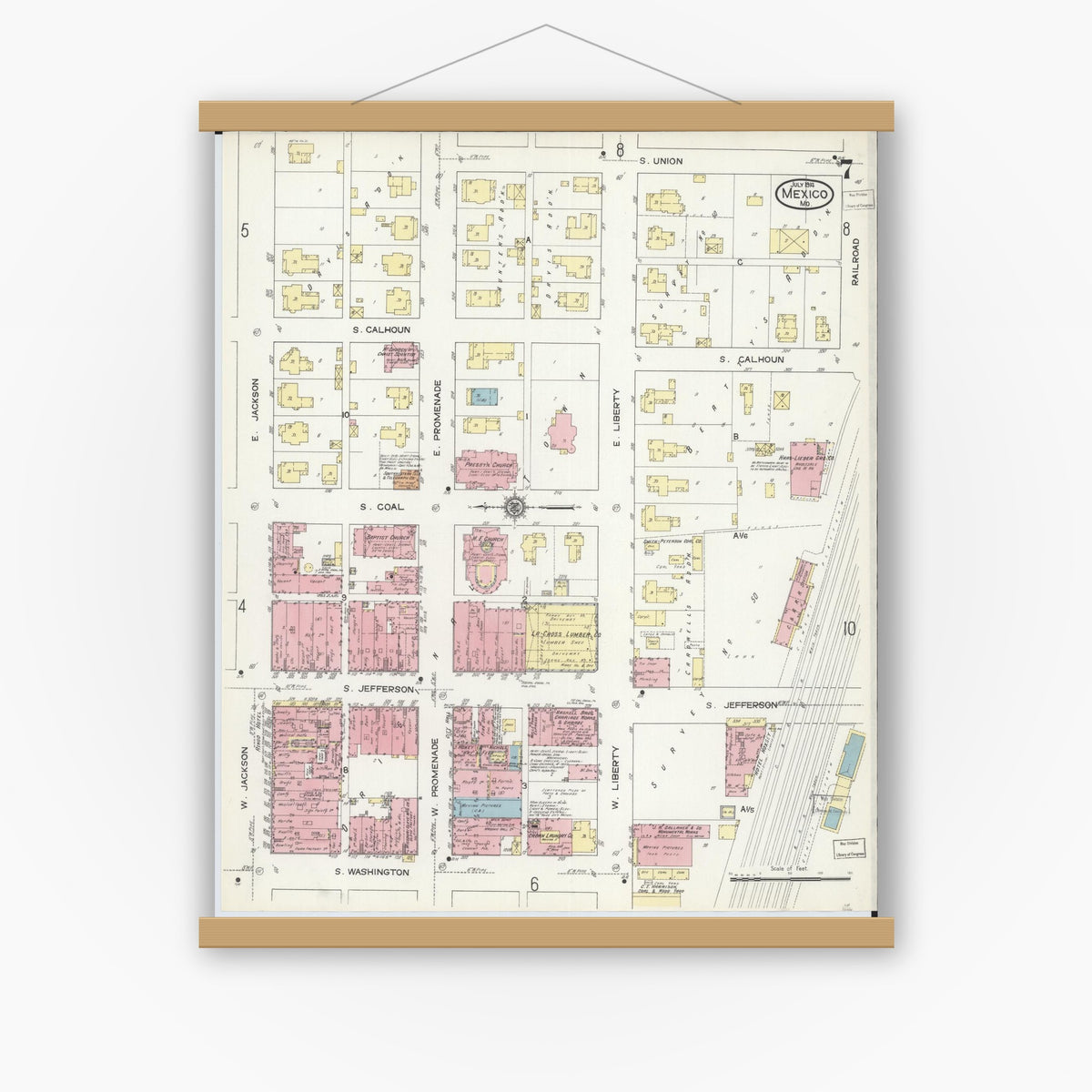 Old map wall art mockup — magnetic wood frame on white wall — Sanborn Fire Insurance Map from Mexico, Audrain County, Missouri (1914), Sheet #0007