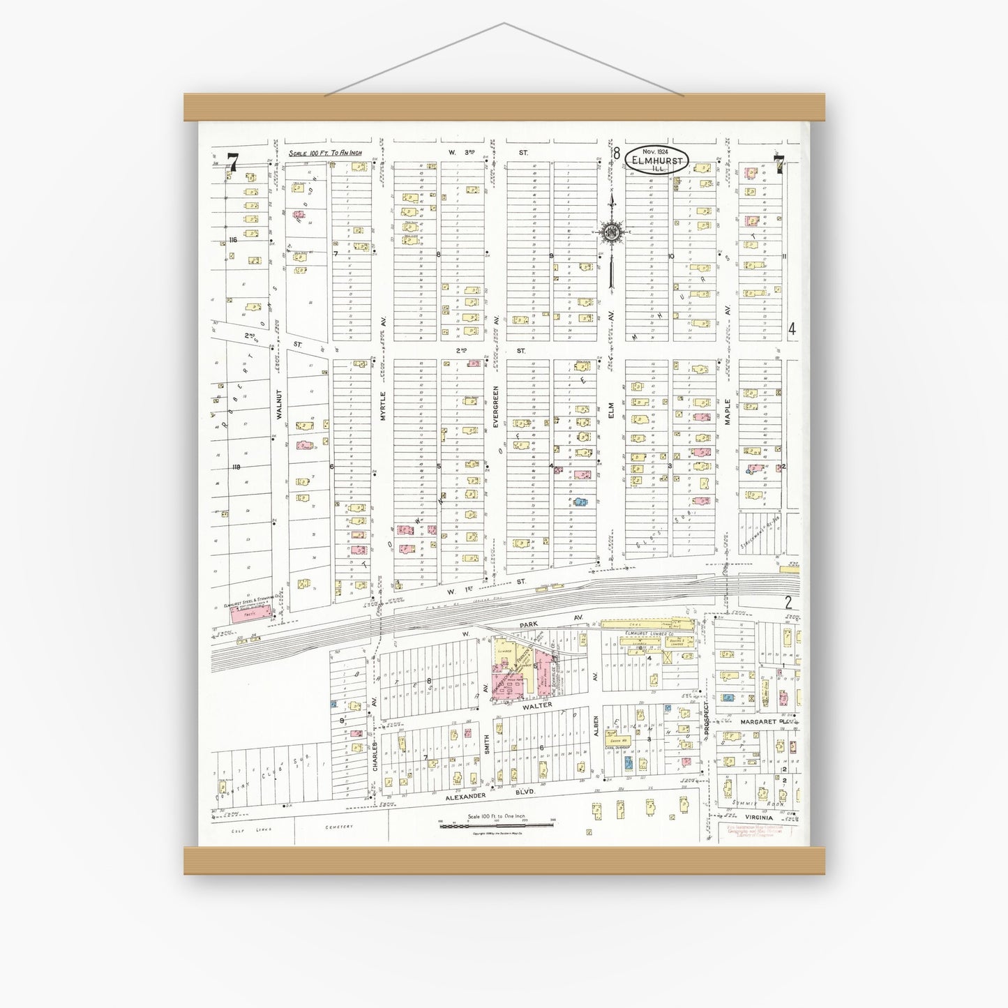 Old map wall art mockup — magnetic wood frame on white wall — Sanborn Fire Insurance Map from Elmhurst, Du Page County, Illinois (1924), Sheet #0007