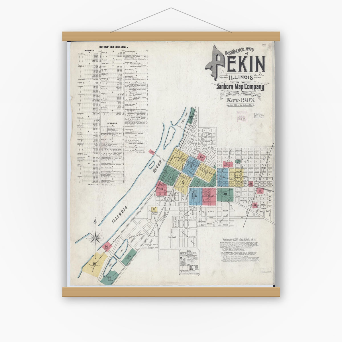 Old map wall art mockup — magnetic wood frame on white wall — Sanborn Fire Insurance Map from Pekin, Tazewell County, Illinois (1903) - Complete Map Set