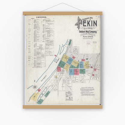 Old map wall art mockup — magnetic wood frame on white wall — Sanborn Fire Insurance Map from Pekin, Tazewell County, Illinois (1903) - Complete Map Set