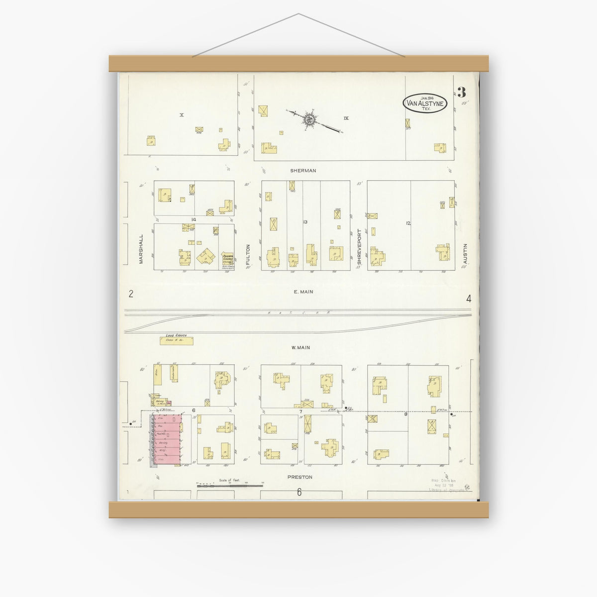 Old map wall art mockup — magnetic wood frame on white wall — Sanborn Fire Insurance Map from Van Alstyne, Grayson County, Texas (1914), Sheet #0003