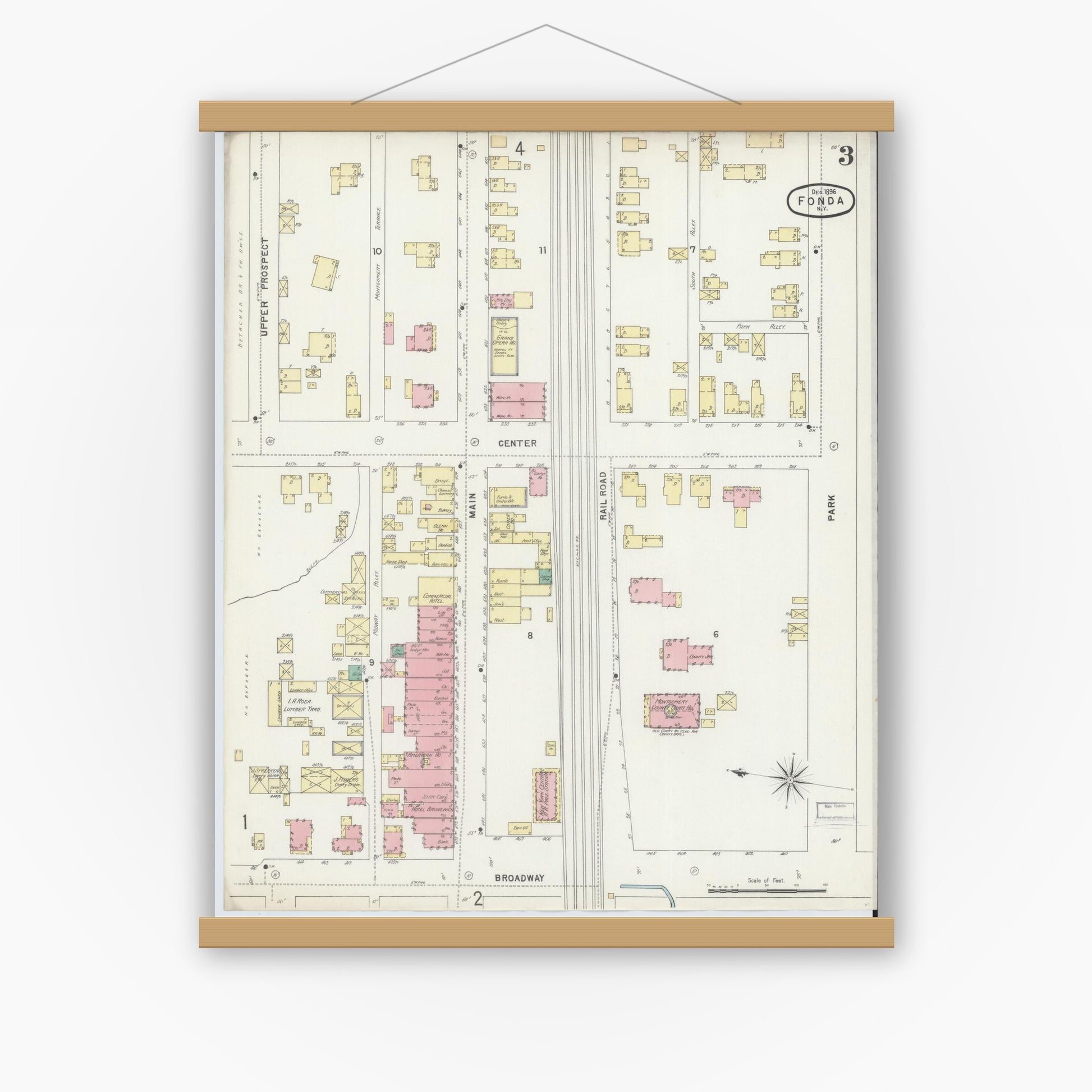 Old map wall art mockup — magnetic wood frame on white wall — Sanborn Fire Insurance Map from Fonda, Montgomery County, New York (1896), Sheet #0003