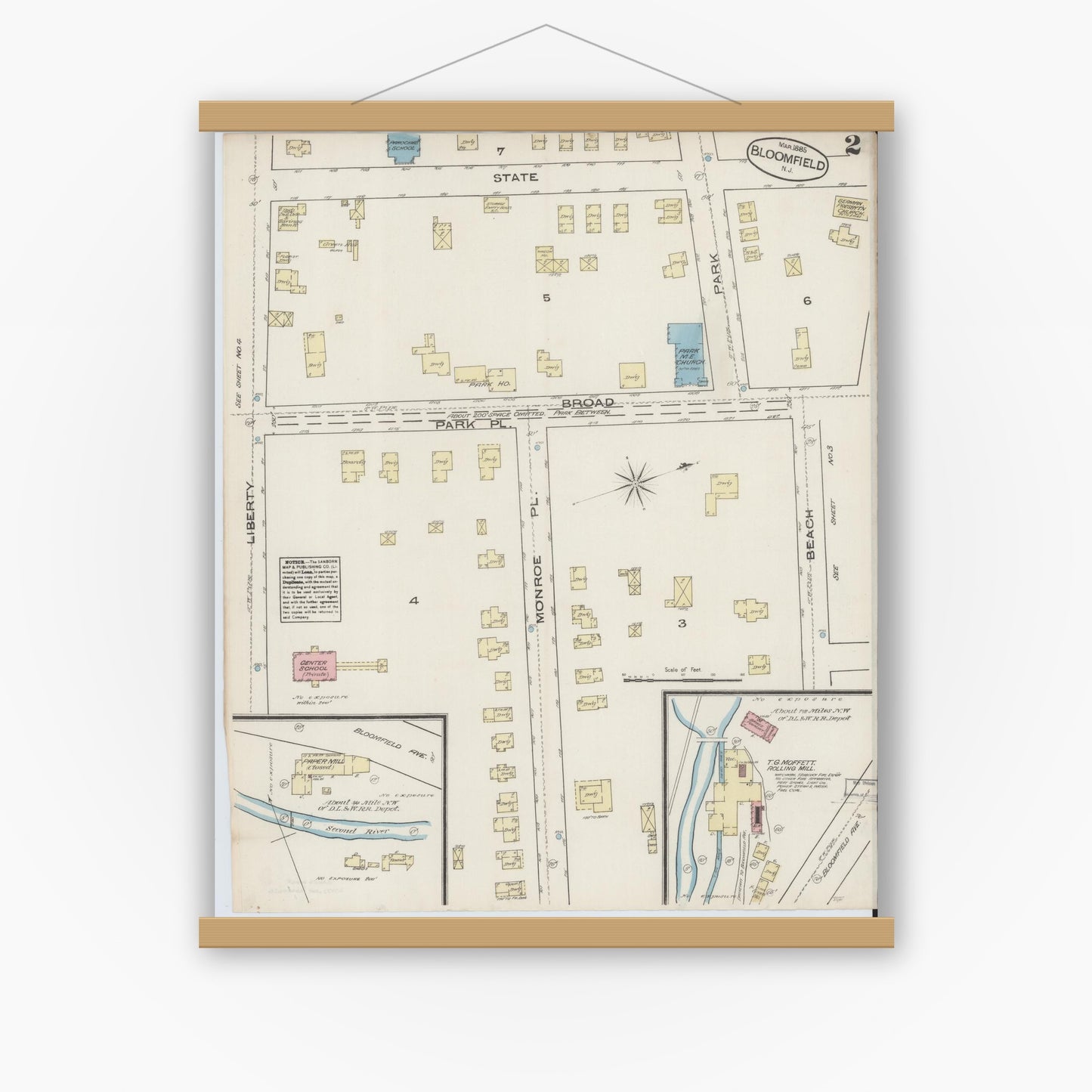 Old map wall art mockup — magnetic wood frame on white wall — Sanborn Fire Insurance Map from Bloomfield, Essex County, New Jersey (1885), Sheet #0002