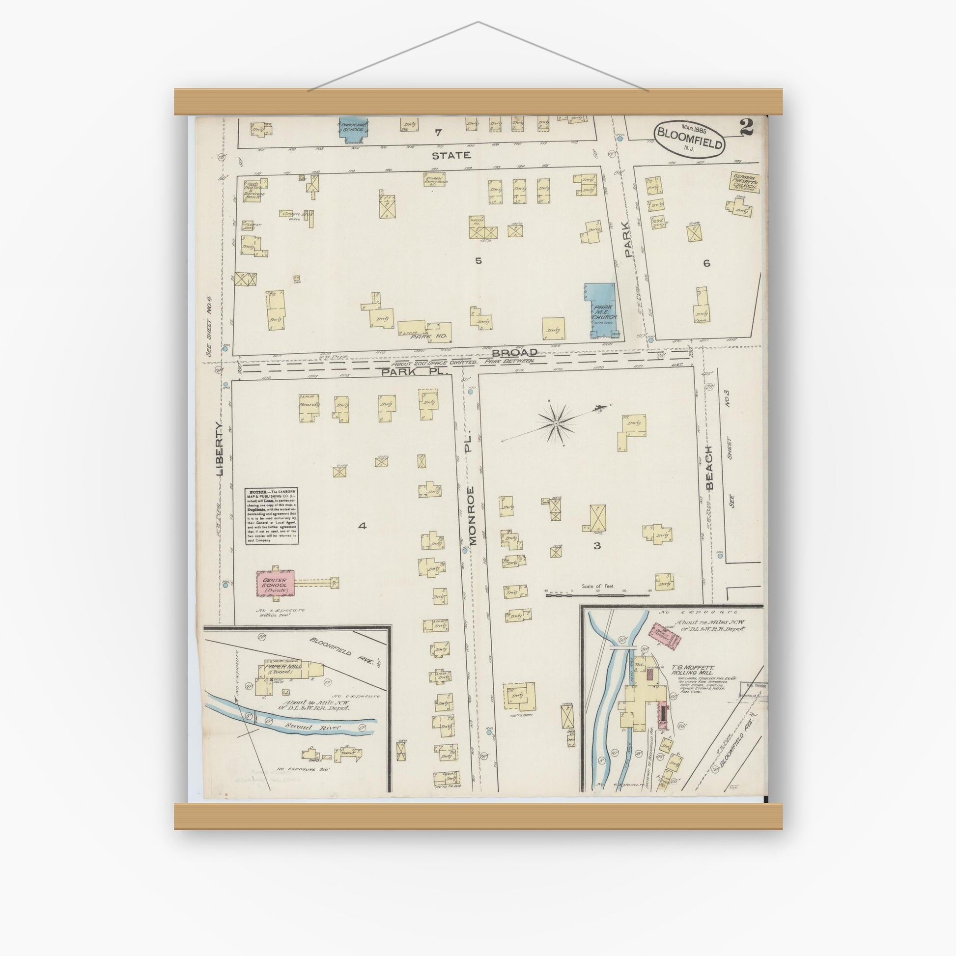 Old map wall art mockup — magnetic wood frame on white wall — Sanborn Fire Insurance Map from Bloomfield, Essex County, New Jersey (1885), Sheet #0002