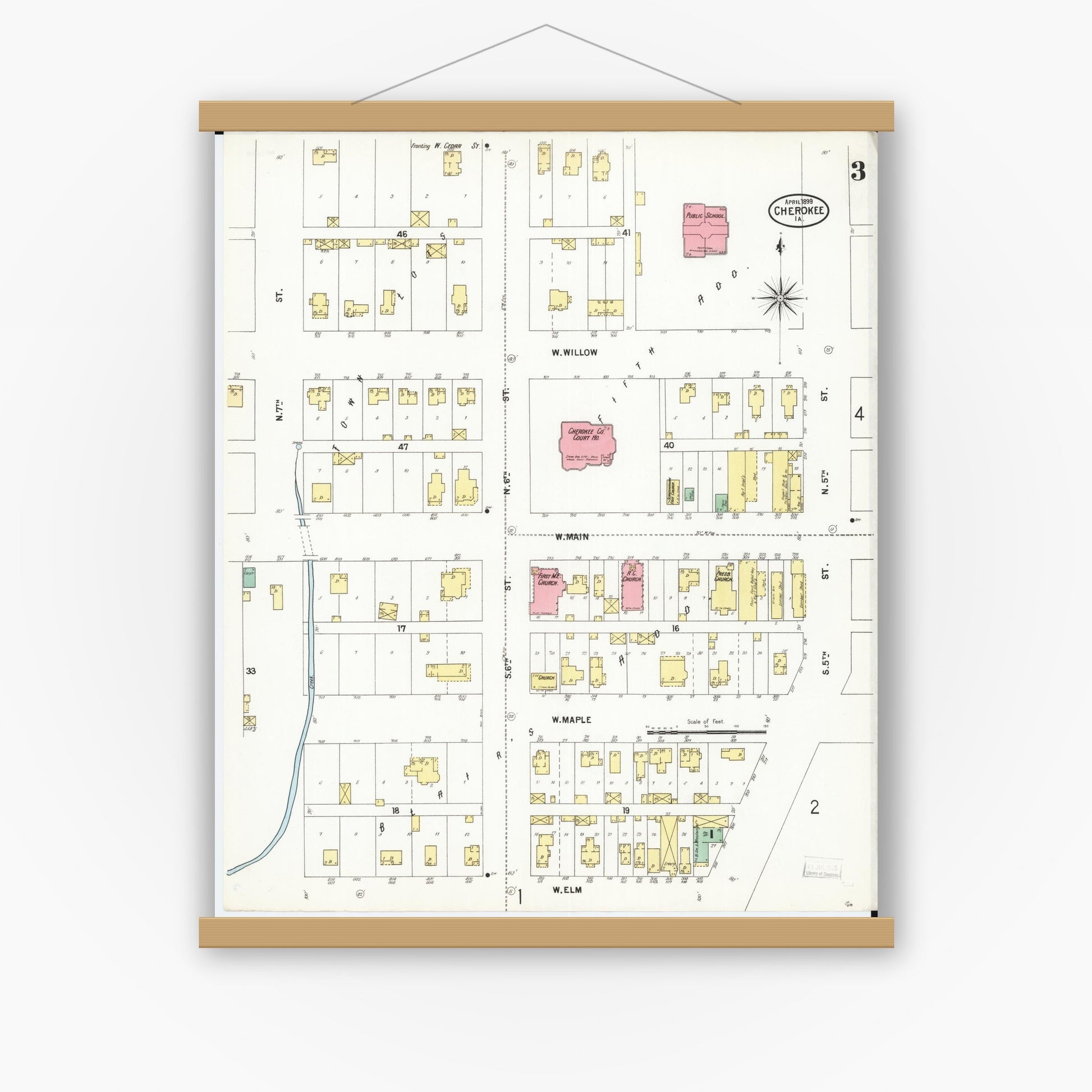 Old map wall art mockup — magnetic wood frame on white wall — Sanborn Fire Insurance Map from Cherokee, Cherokee County, Iowa (1899), Sheet #0003