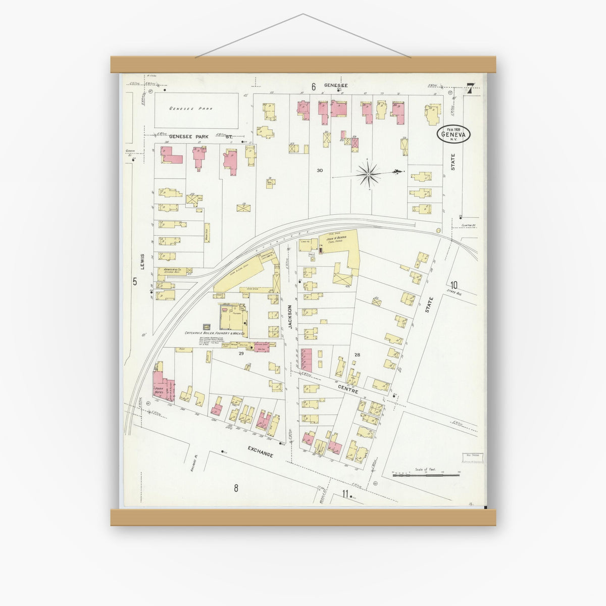 Old map wall art mockup — magnetic wood frame on white wall — Sanborn Fire Insurance Map from Geneva, Ontario County, New York (1909), Sheet #0007