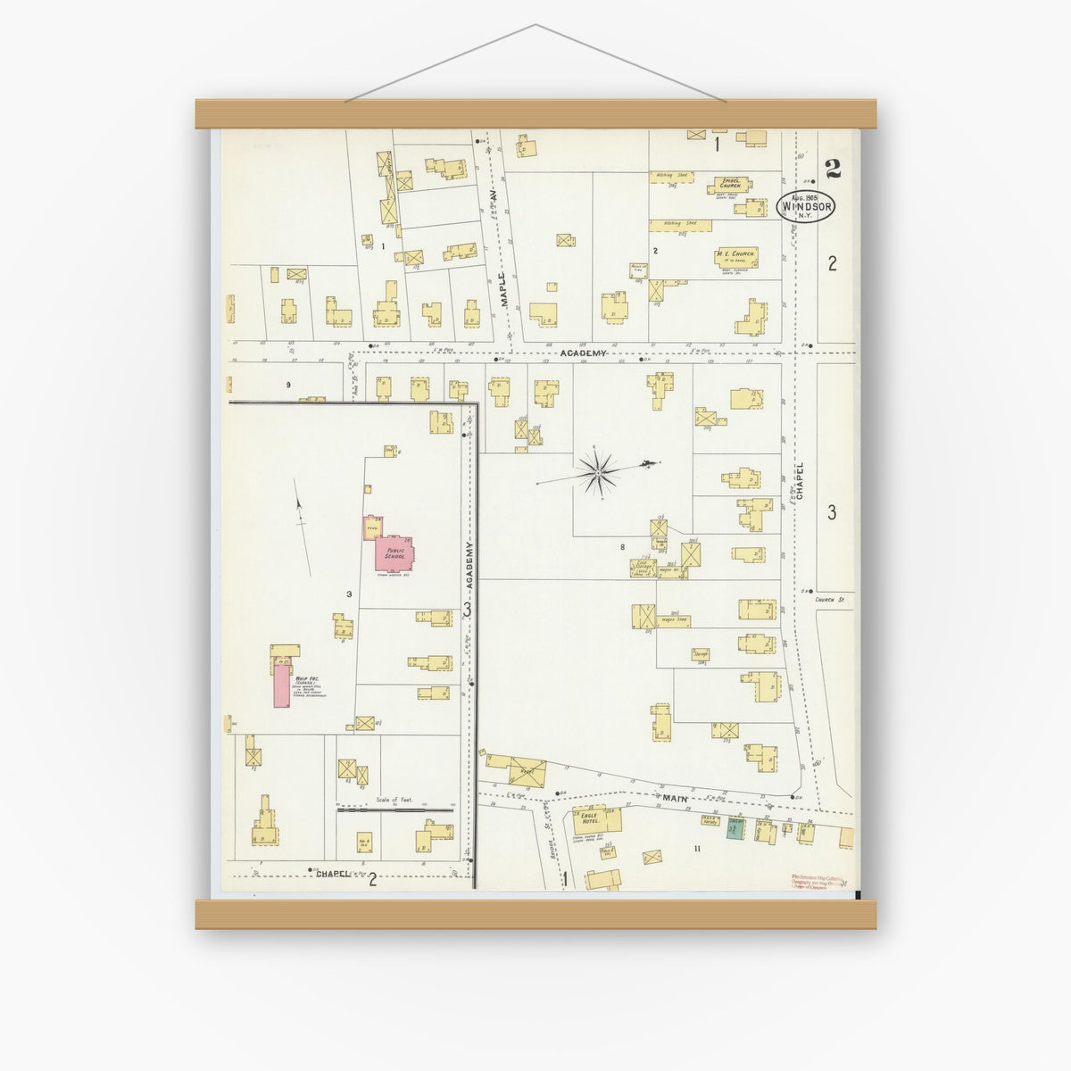 Old map wall art mockup — magnetic wood frame on white wall — Sanborn Fire Insurance Map from Windsor, Broome County, New York (1905), Sheet #0002