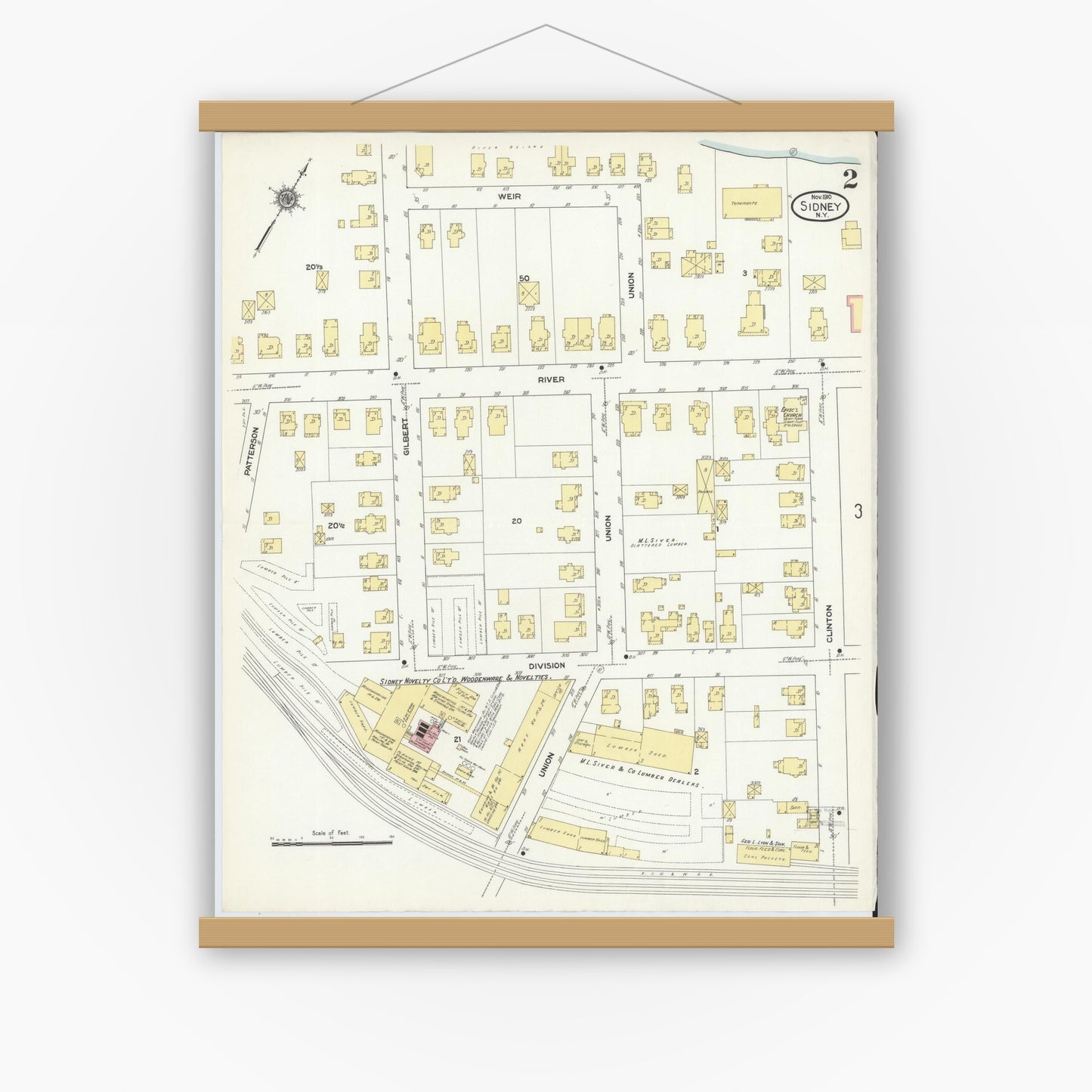 Old map wall art mockup — magnetic wood frame on white wall — Sanborn Fire Insurance Map from Sidney, Delaware County, New York (1910), Sheet #0002