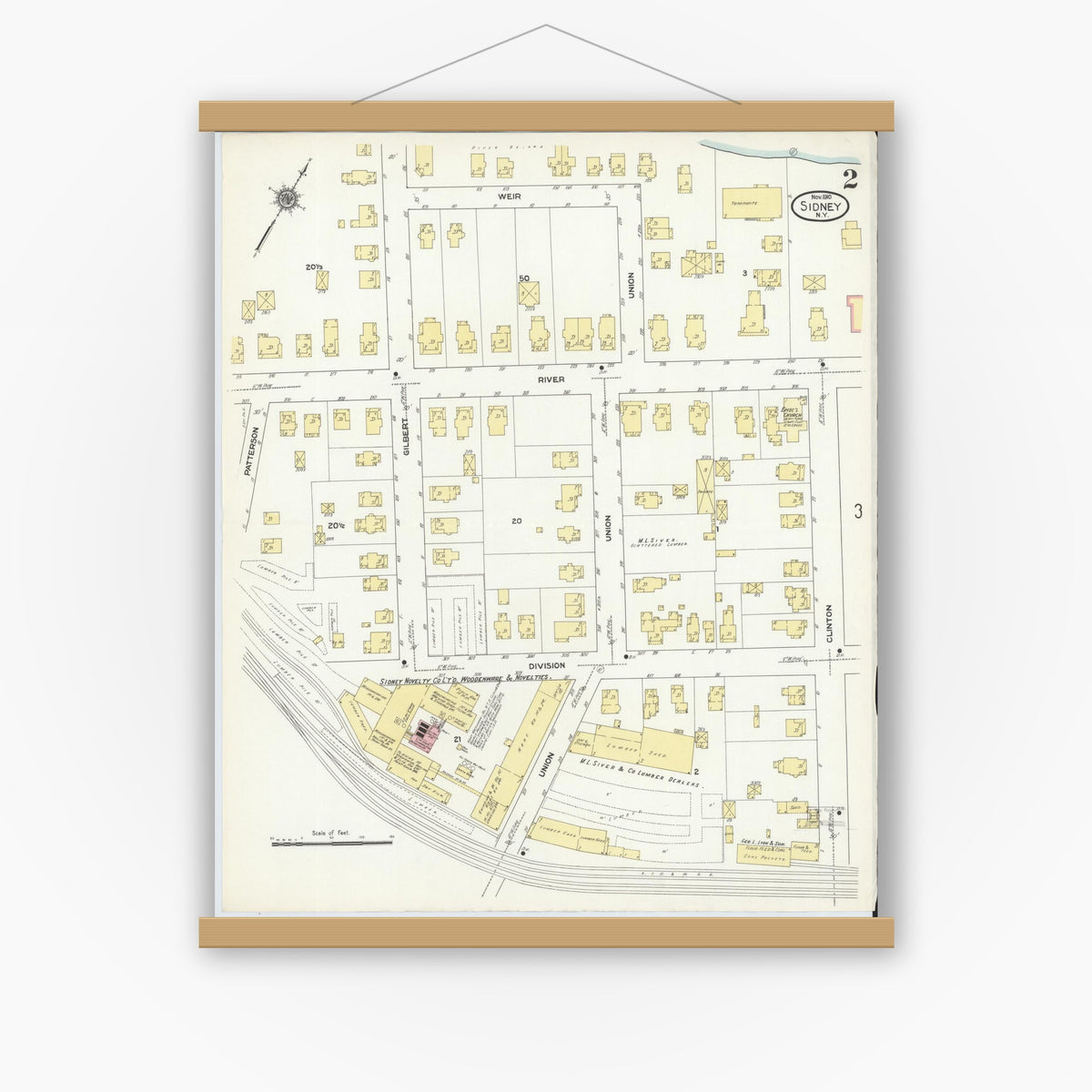 Old map wall art mockup — magnetic wood frame on white wall — Sanborn Fire Insurance Map from Sidney, Delaware County, New York (1910), Sheet #0002