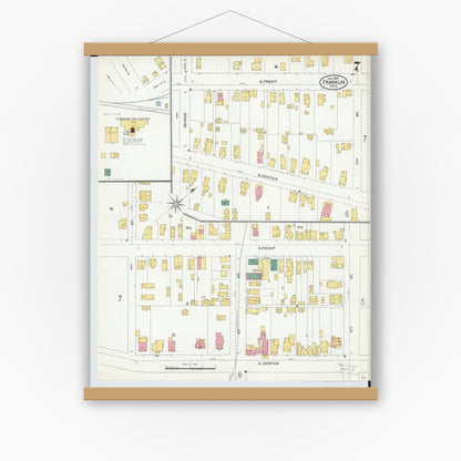 Old map wall art mockup — magnetic wood frame on white wall — Sanborn Fire Insurance Map from Franklin, Warren County, Ohio (1905), Sheet #0007