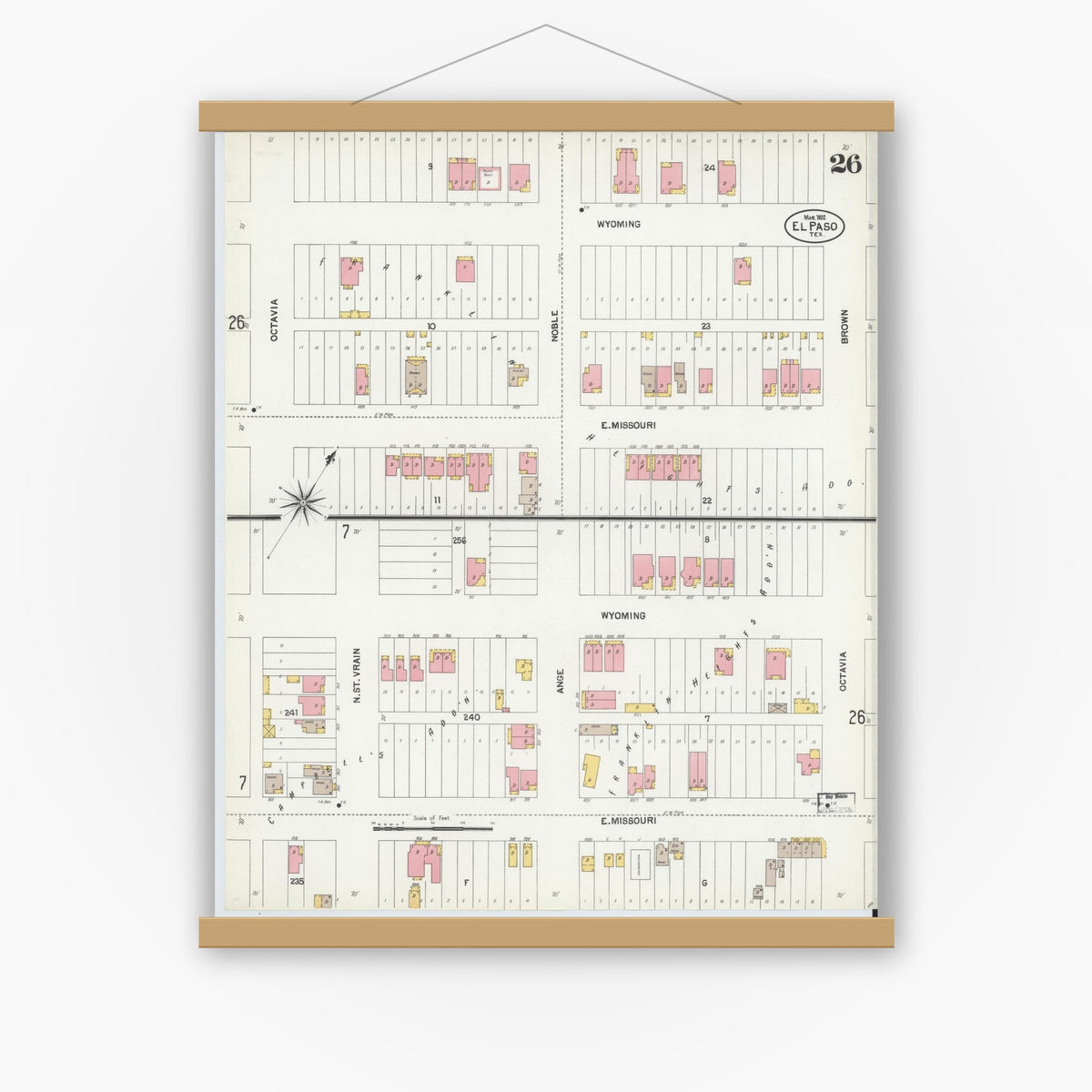 Old map wall art mockup — magnetic wood frame on white wall — Sanborn Fire Insurance Map from El Paso, El Paso County, Texas (1902), Sheet #0026