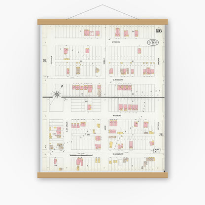 Old map wall art mockup — magnetic wood frame on white wall — Sanborn Fire Insurance Map from El Paso, El Paso County, Texas (1902), Sheet #0026