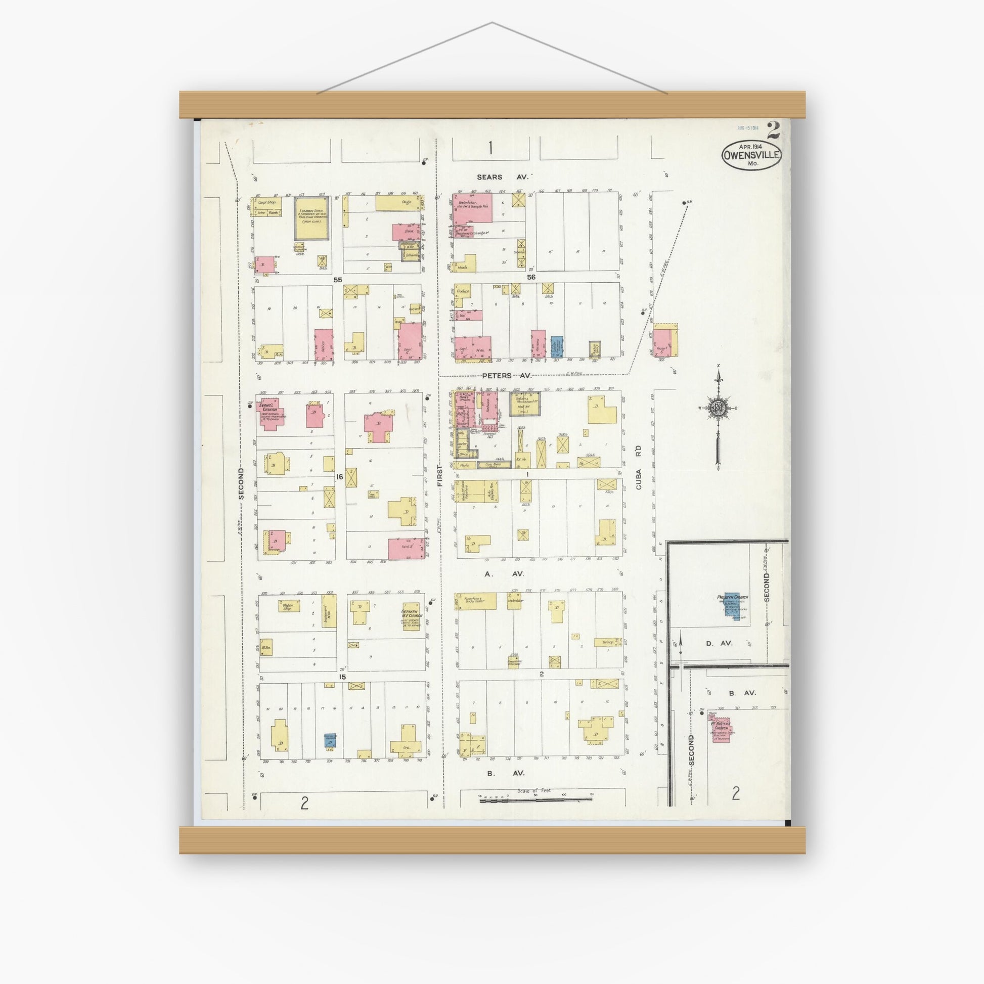 Old map wall art mockup — magnetic wood frame on white wall — Sanborn Fire Insurance Map from Owensville, Gasconade County, Missouri (1914), Sheet #0002