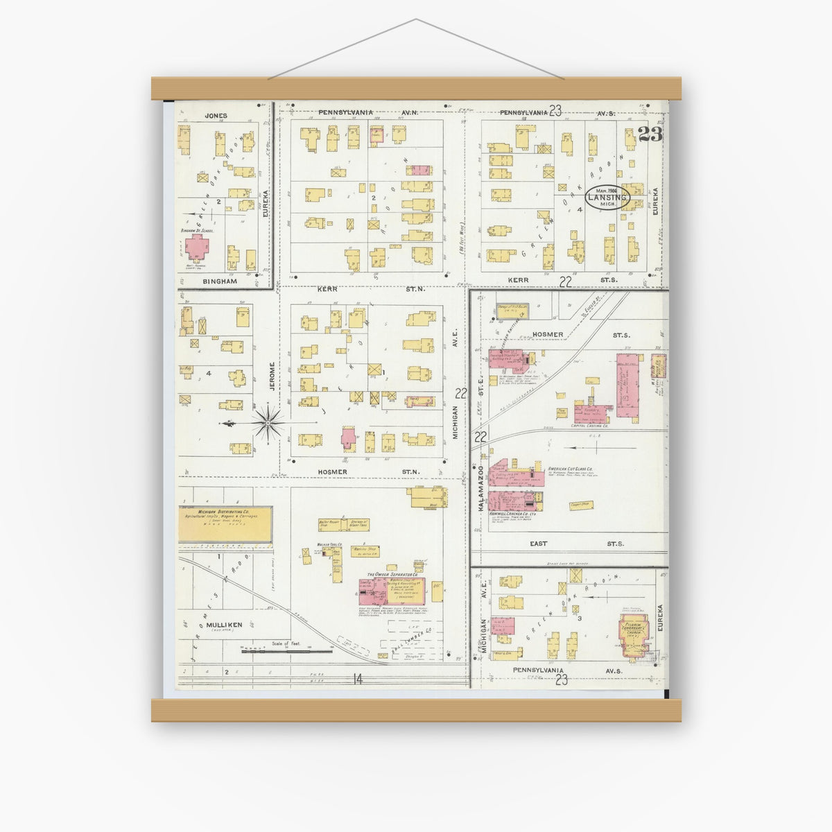 Old map wall art mockup — magnetic wood frame on white wall — Sanborn Fire Insurance Map from Lansing, Ingham County, Michigan (1906), Sheet #0023