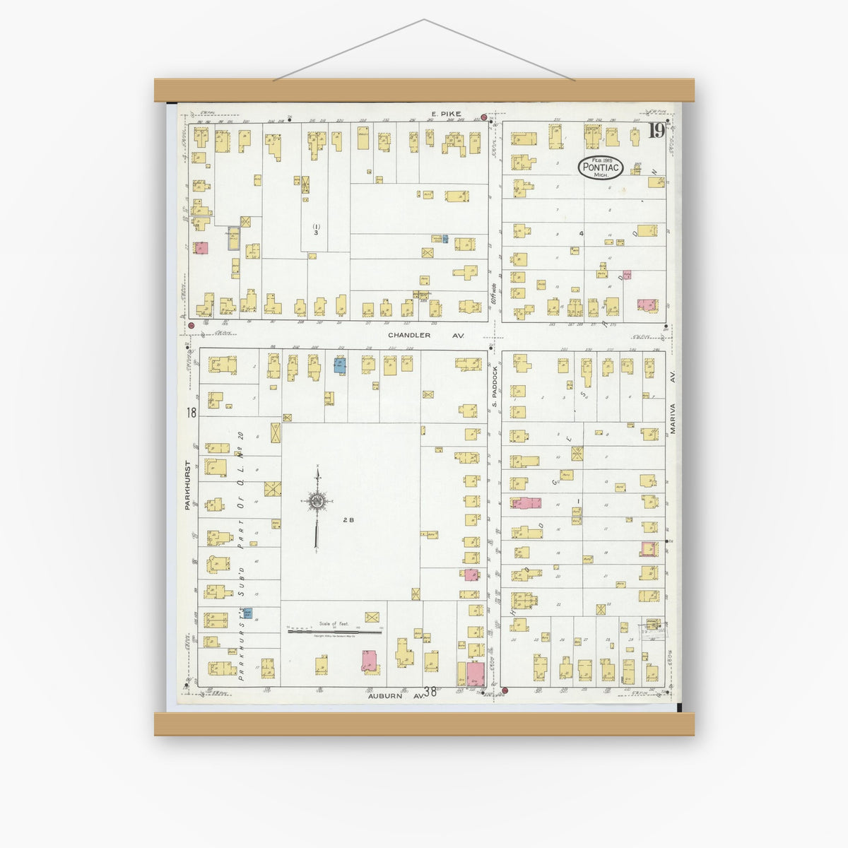 Old map wall art mockup — magnetic wood frame on white wall — Sanborn Fire Insurance Map from Pontiac, Oakland County, Michigan (1919), Sheet #0019