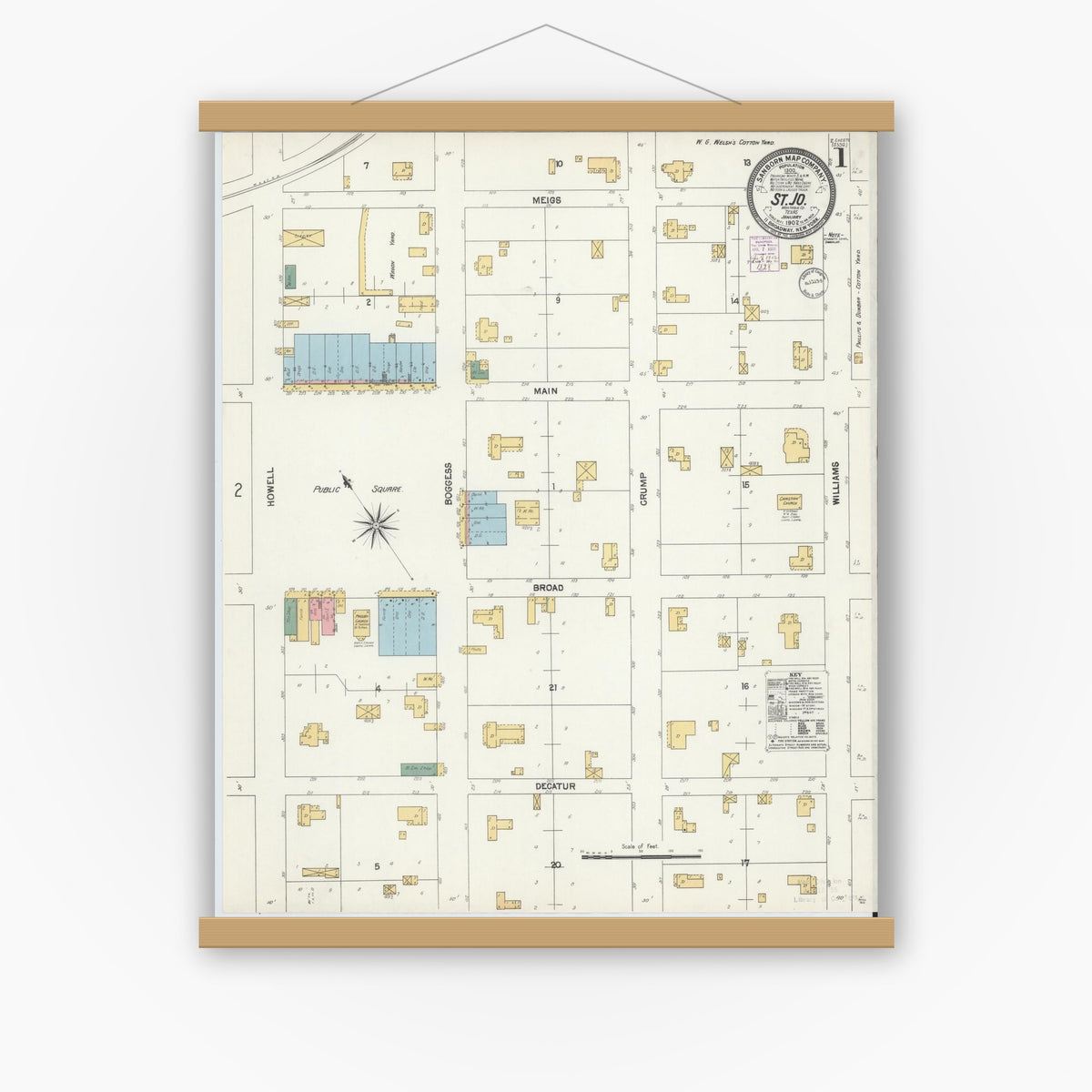 Old map wall art mockup — magnetic wood frame on white wall — Sanborn Fire Insurance Map from Saint Jo, Montague County, Texas (1902) - Complete Map Set